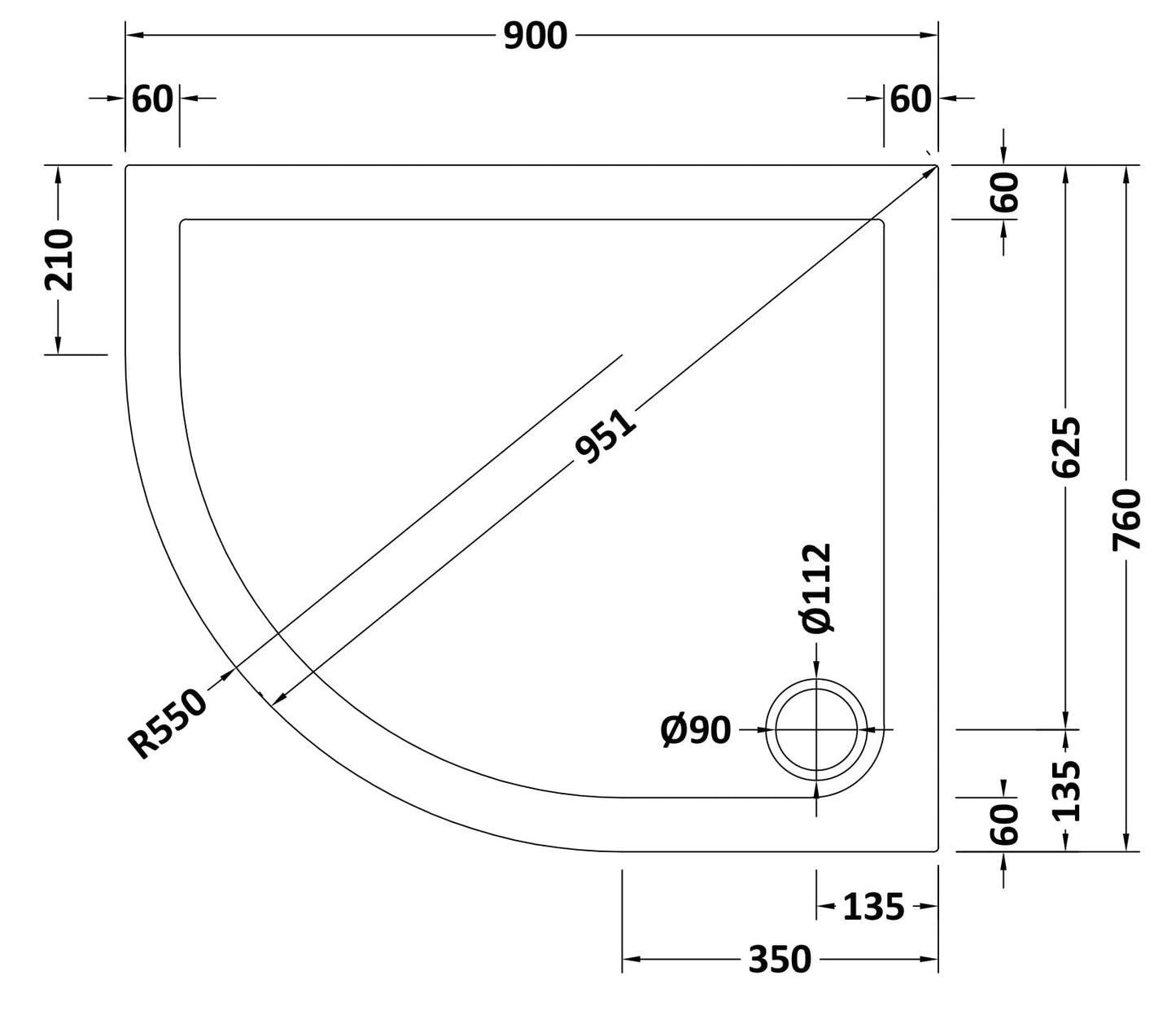 Offset Quadrant Slimline Shower Tray Left Hand 900 x 760mm