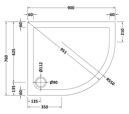 Offset Quadrant Slimline Shower Tray Right Hand 900 x 760mm