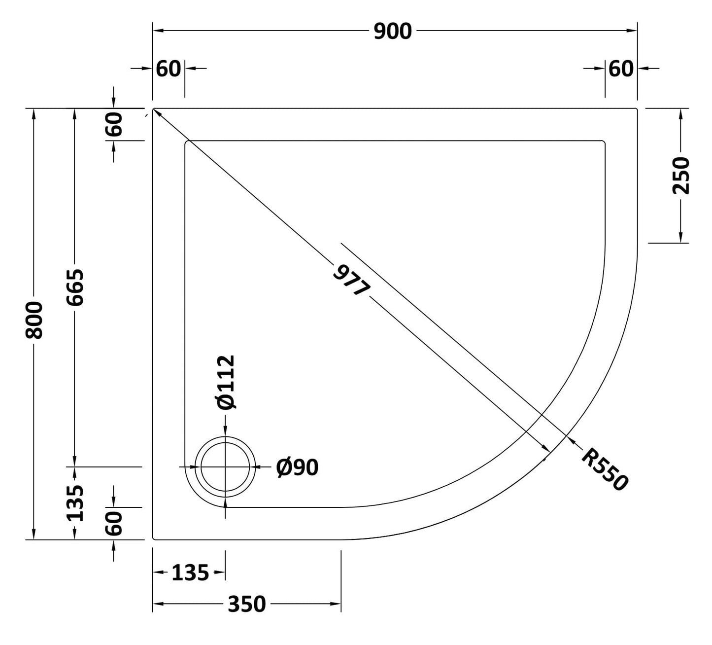 Offset Quadrant Slimline Shower Tray Right Hand 900 x 800mm