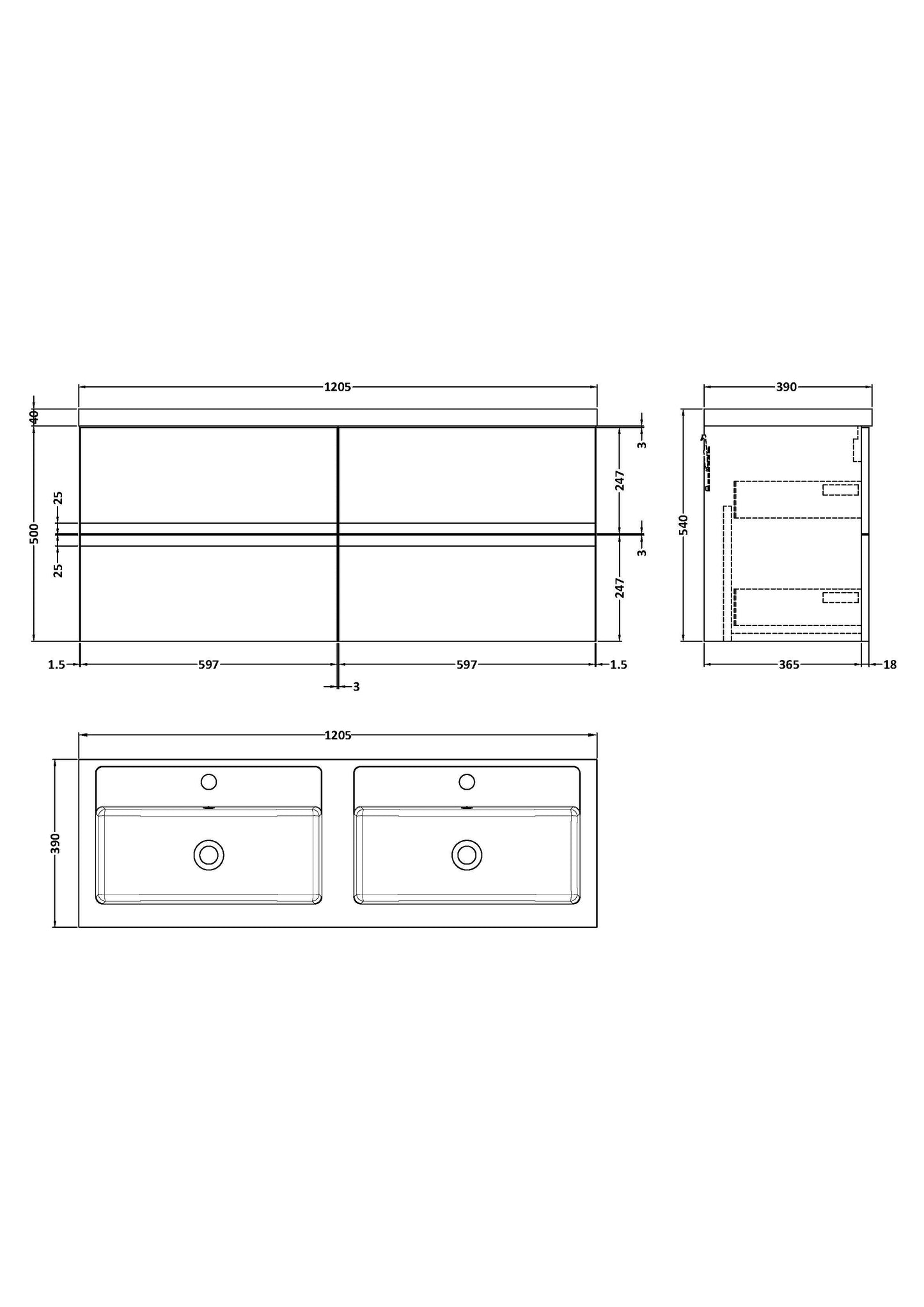 Hudson Reed Urban 1200mm Wall Hung 4-Drawer Vanity Unit with Double Polymarble Basin