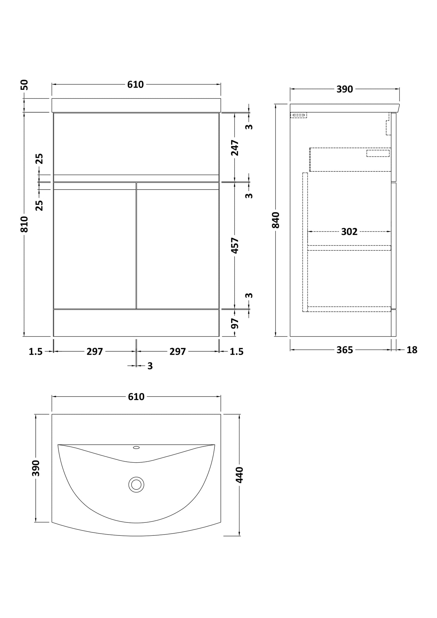 Urban 600mm Floor Standing 2-Door/Drawer Unit and Curved Basin 1 Tap Hole