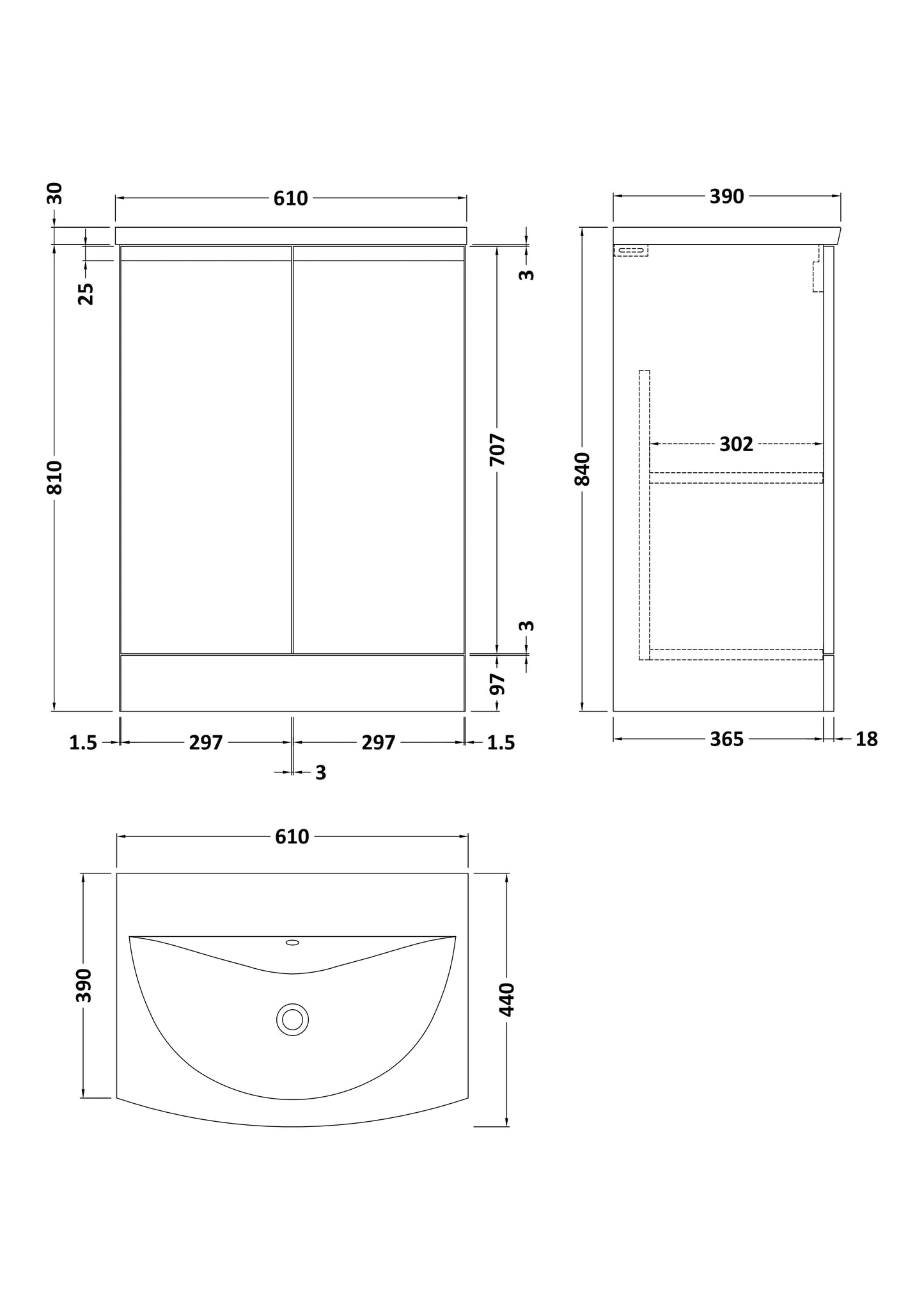 Urban 600mm Floor Standing 2-Door Unit and Curved Basin 1 Tap Hole