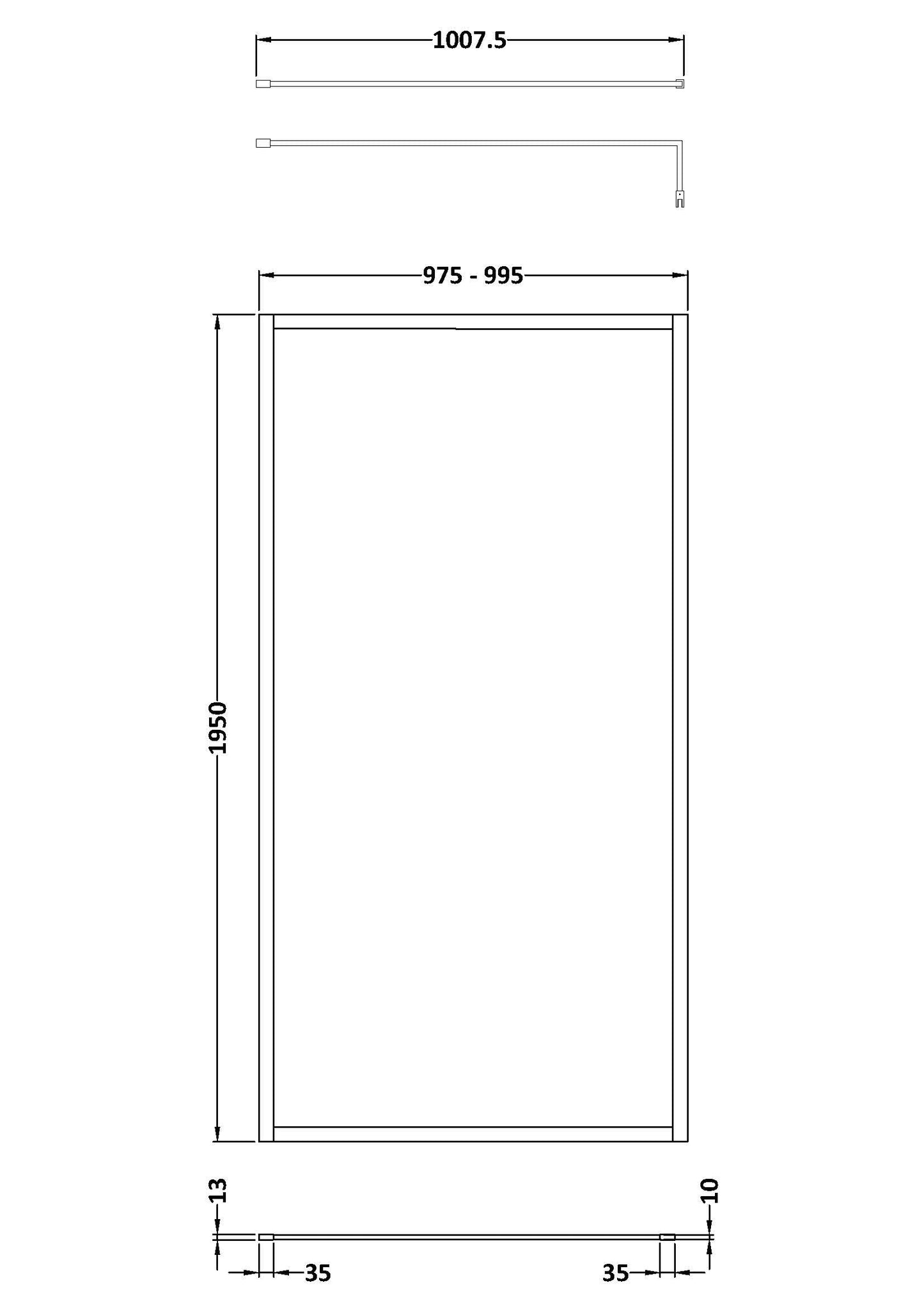 Full Outer Frame Wetroom Screens Full Outer Frame Wetroom 8mm Toughened Safety Glass Screen & Support Bar 1950mm x 1000mm x 8mm