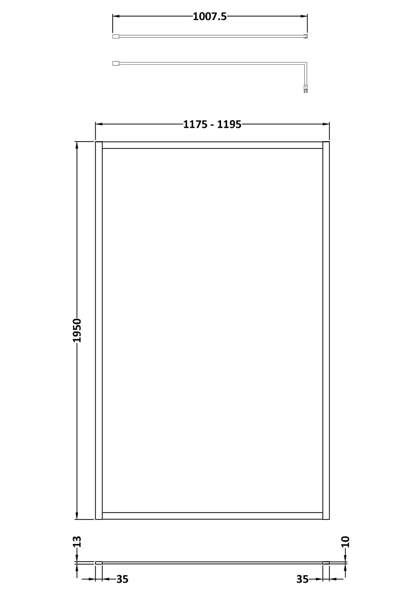 Full Outer Frame Wetroom Screens Full Outer Frame Wetroom 8mm Toughened Safety Glass Screen & Support Bar 1950mm x 1200mm x 8mm