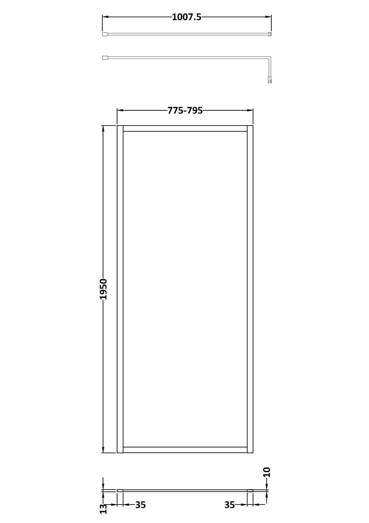 Full Outer Frame Wetroom Screens Full Outer Frame Wetroom 8mm Toughened Safety Glass Screen & Support Bar 1950mm x 800mm x 8mm
