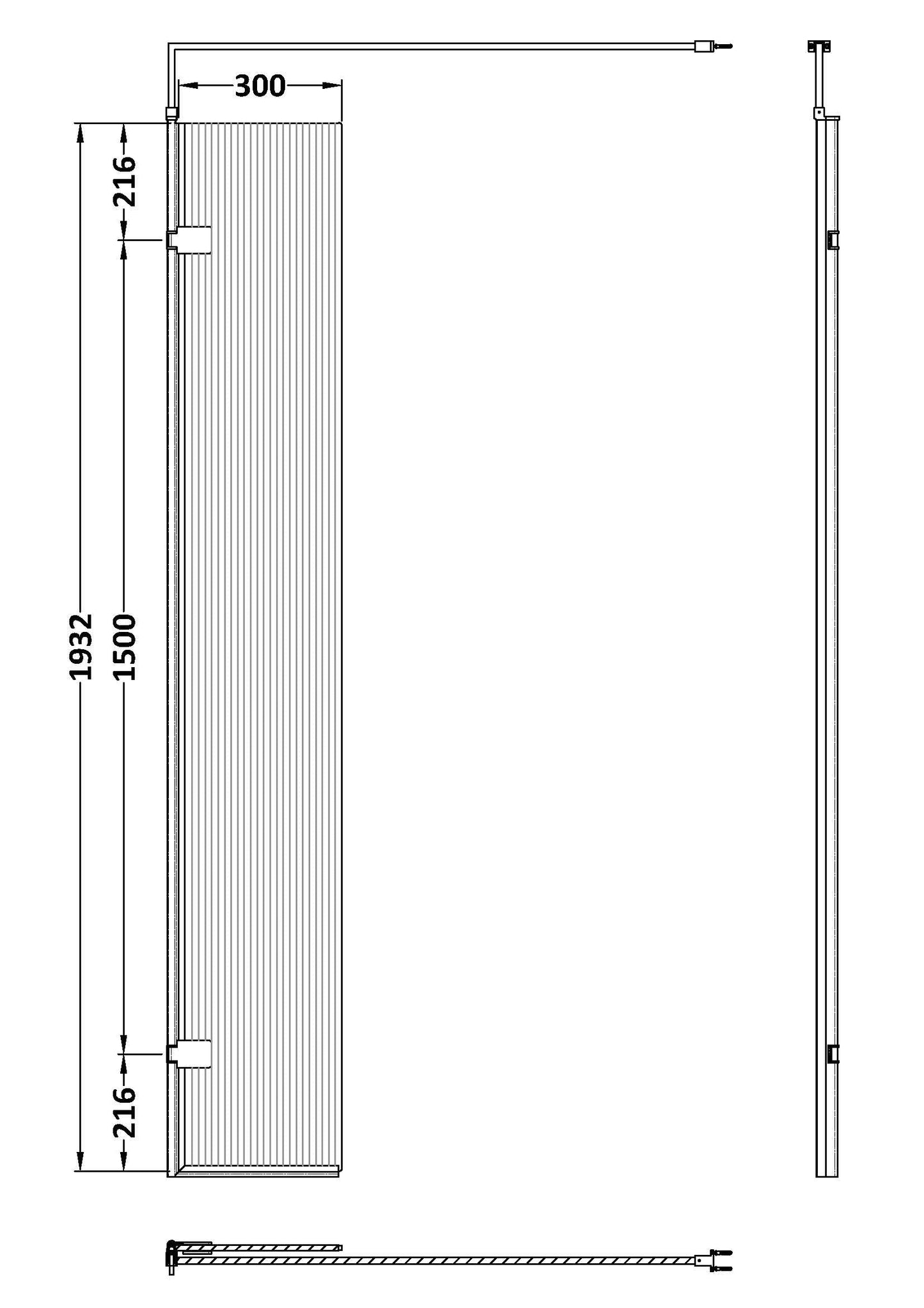 Fluted Wetroom Fluted Wetroom 8mm Toughened Safety Glass Swing Return Screen, 300mm x 1950mm