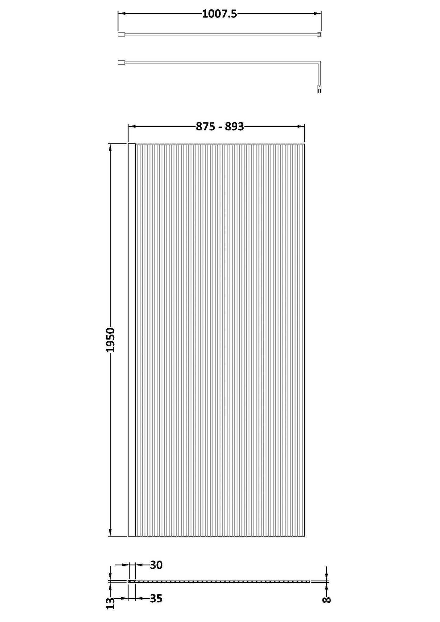900mm Fluted Wetroom Screen with Support Bar Matt Black