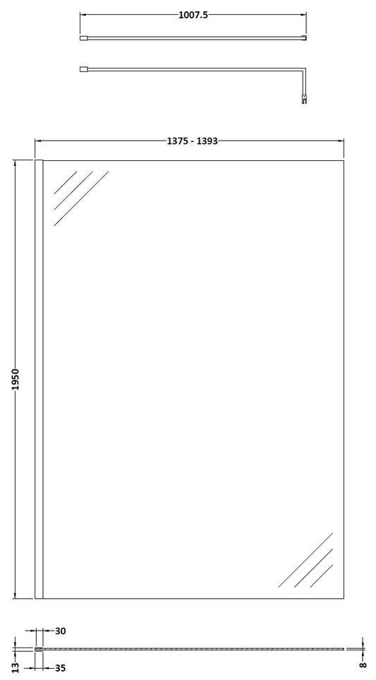 1400mm Wetroom Screen With Black Support Bar