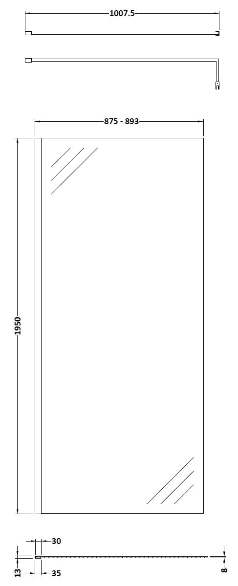 900mm Wetroom Screen With Black Support Bar