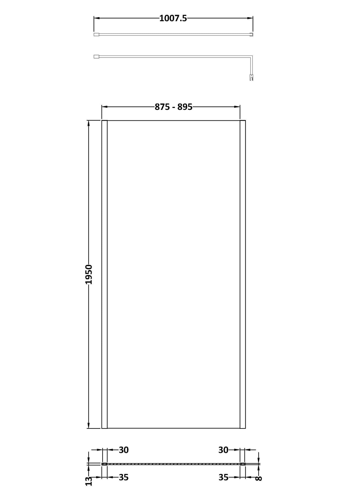 900mm Outer Framed Wetroom Screen with Support Bar