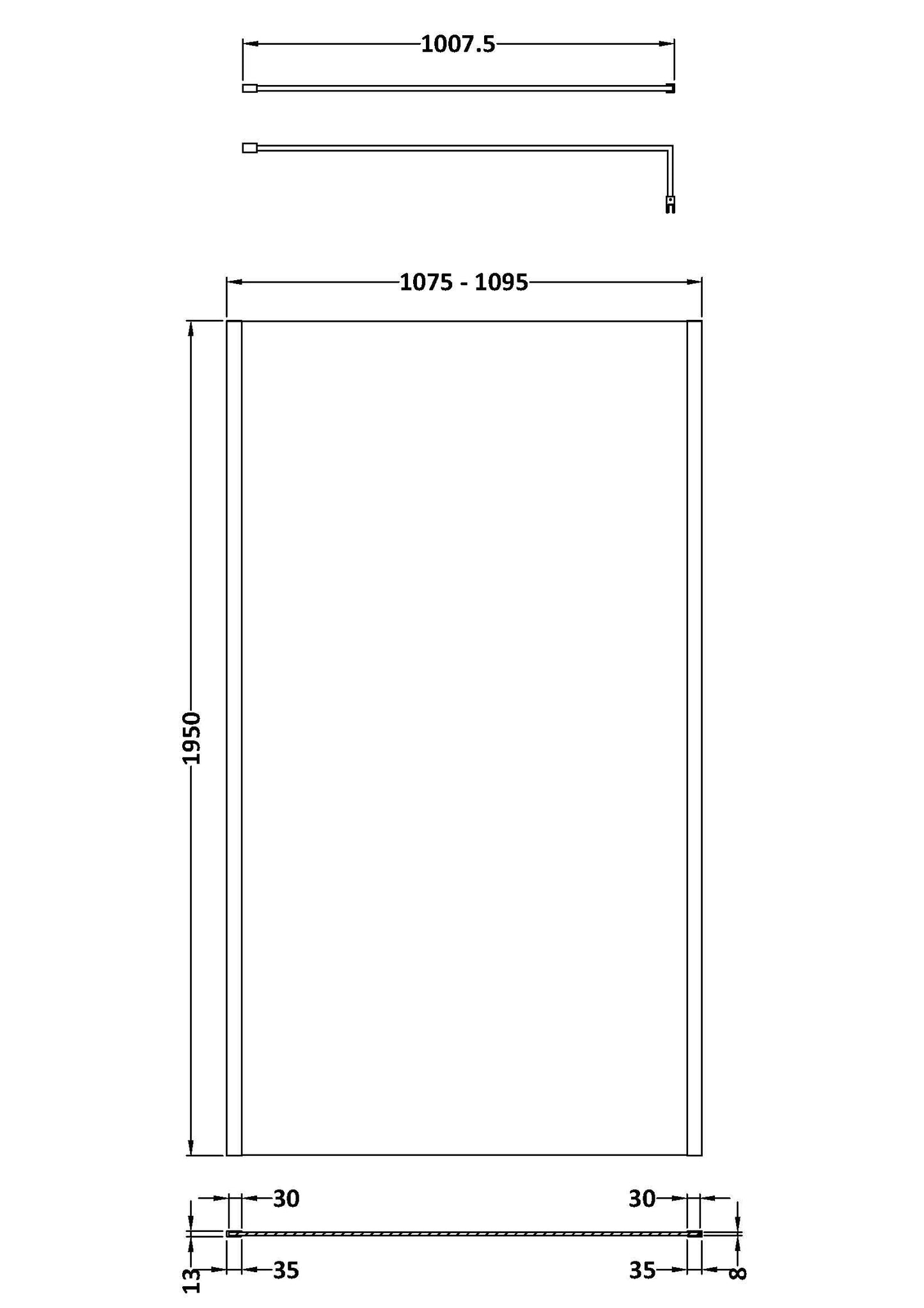 1100mm Outer Framed Wetroom Screen with Support Bar