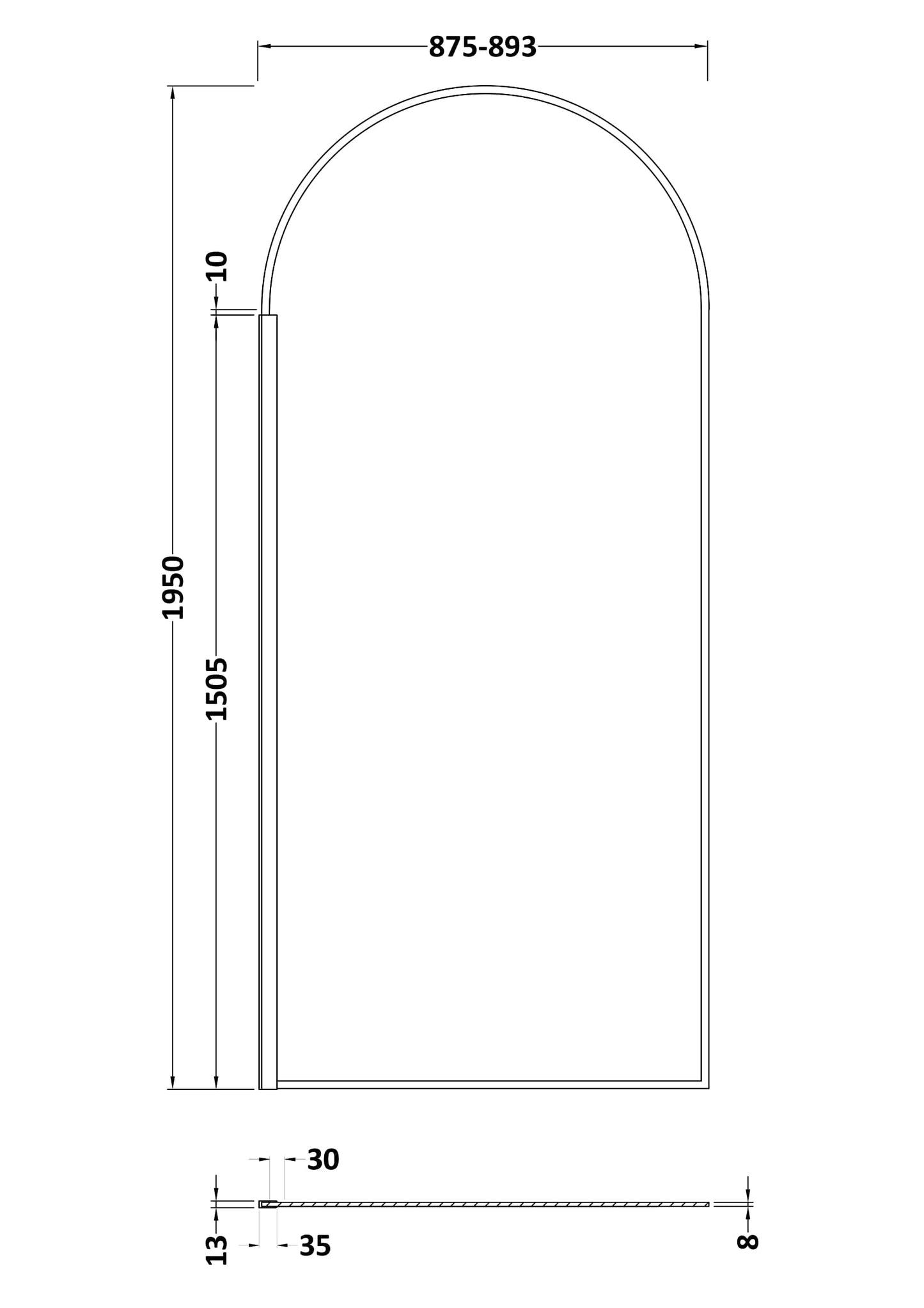900mm Arched Wetroom Screen 8mm Glass