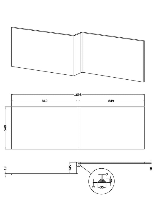 1700mm L Shape Square Shower Bath Front Panel