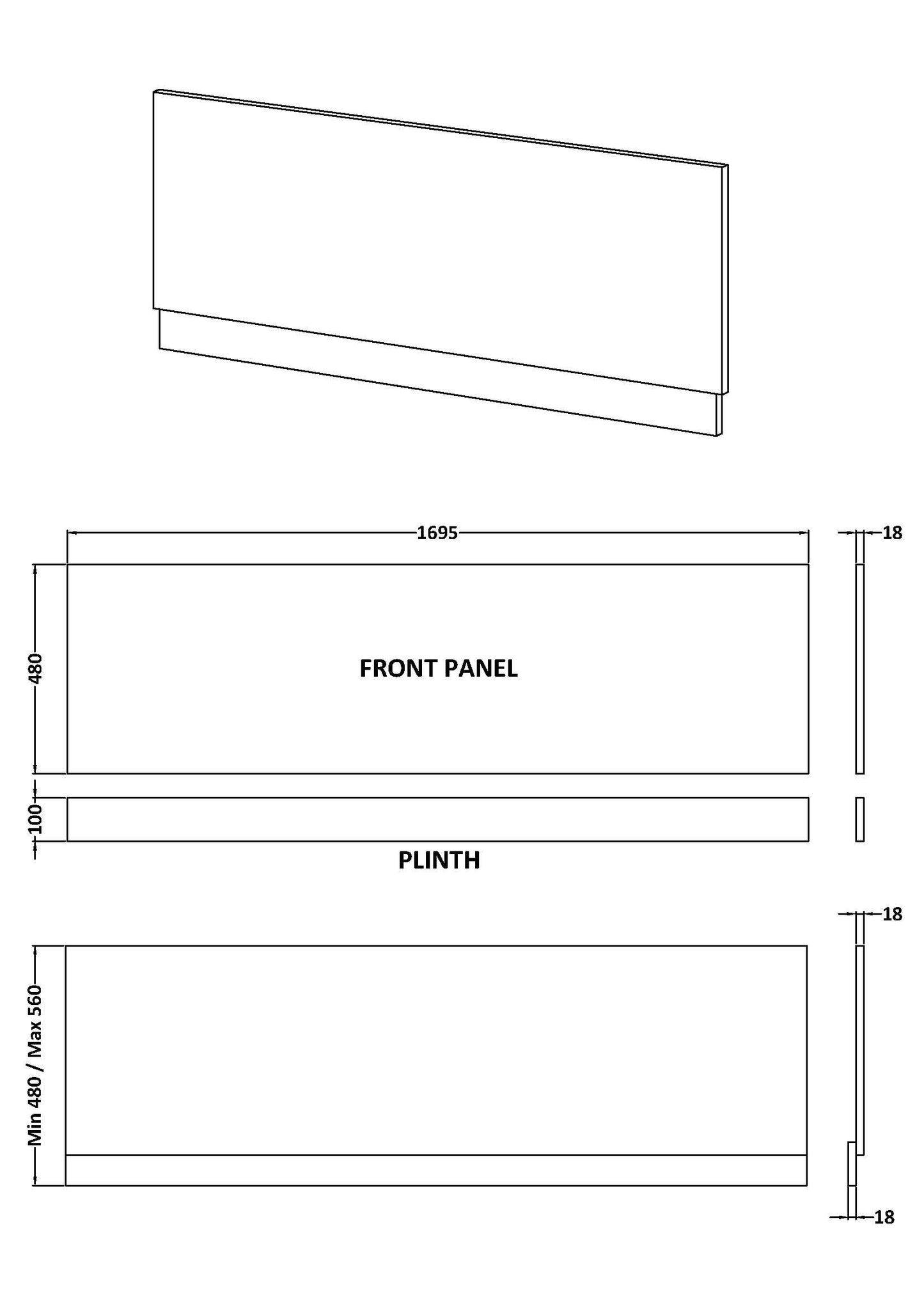 1700mm Straight Bath Front Panel & Plinth