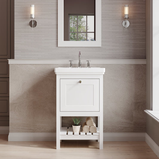 Hudson Reed Bexley 500mm Pure White Floor Standing 1 Drawer Vanity Unit with 3 Tap Hole Fireclay Basin