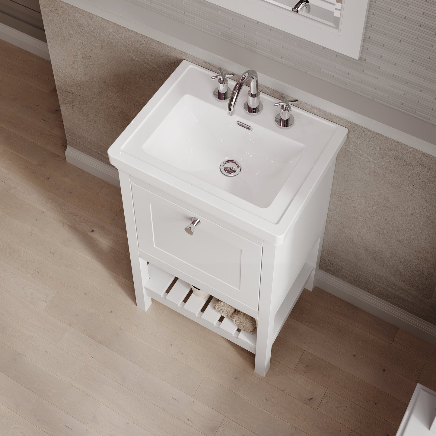 Hudson Reed Bexley 500mm Pure White Floor Standing 1 Drawer Vanity Unit with 3 Tap Hole Fireclay Basin
