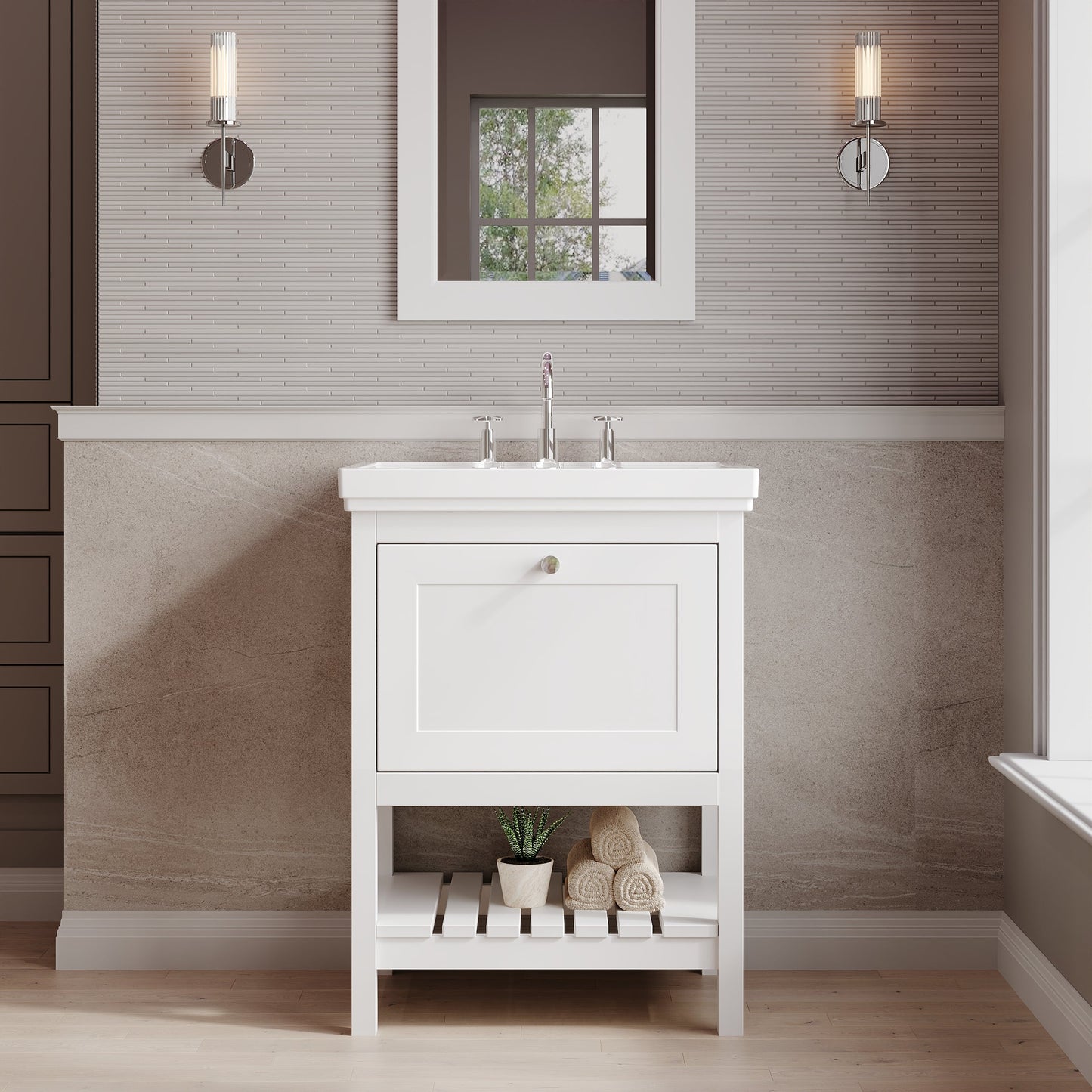 Hudson Reed Bexley 600mm Pure White 1 Drawer Floor Standing Vanity Unit With 3 Tap Hole Fireclay Basin