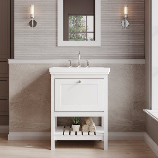 Hudson Reed Bexley 600mm Pure White 1 Drawer Floor Standing Vanity Unit With 3 Tap Hole Fireclay Basin