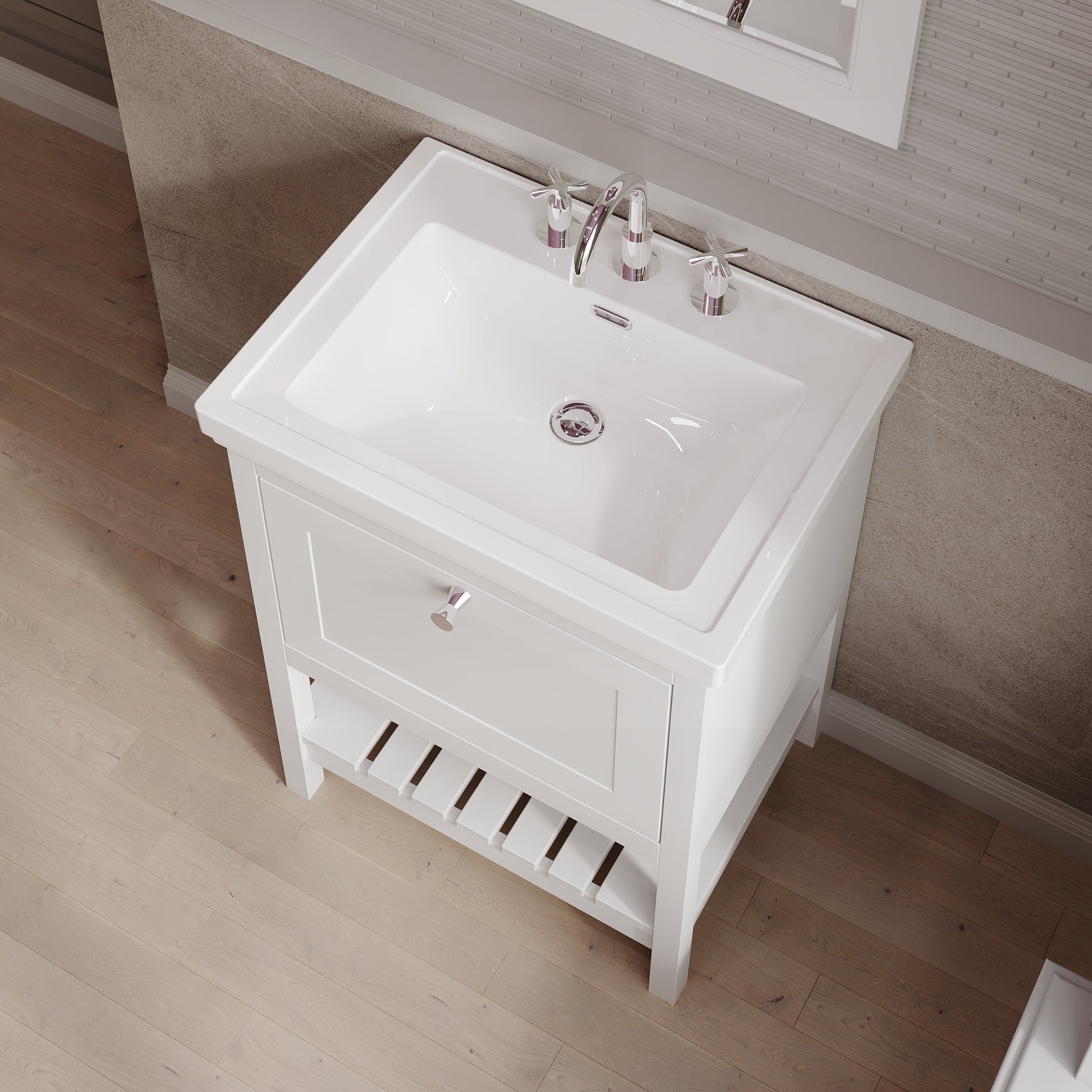 Hudson Reed Bexley 600mm Pure White 1 Drawer Floor Standing Vanity Unit With 3 Tap Hole Fireclay Basin