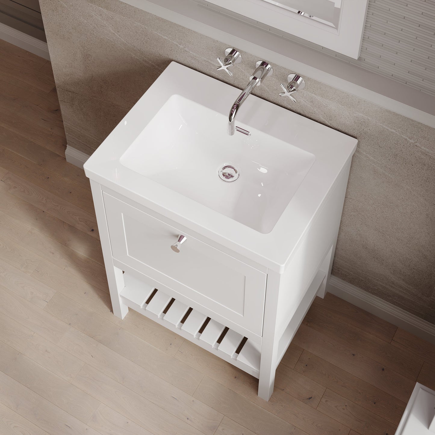 Bexley Floor Standing 1 Drawer Vanity & 0 Tap Hole Contemporary Fireclay Basin, 600mm - Pure White