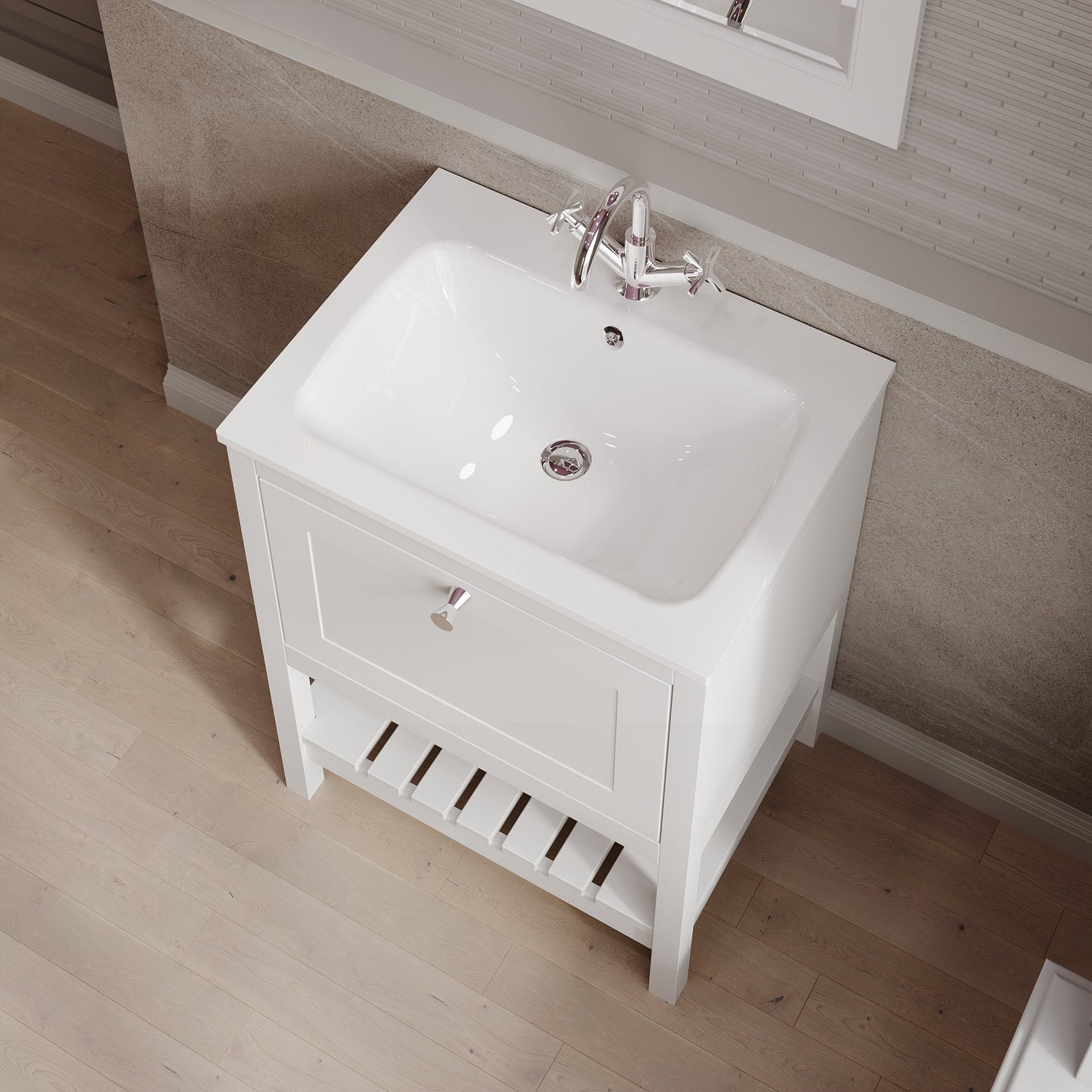 Bexley Floor Standing 1 Drawer Vanity & 1 Tap Hole Stone Basin, 600mm - Pure White