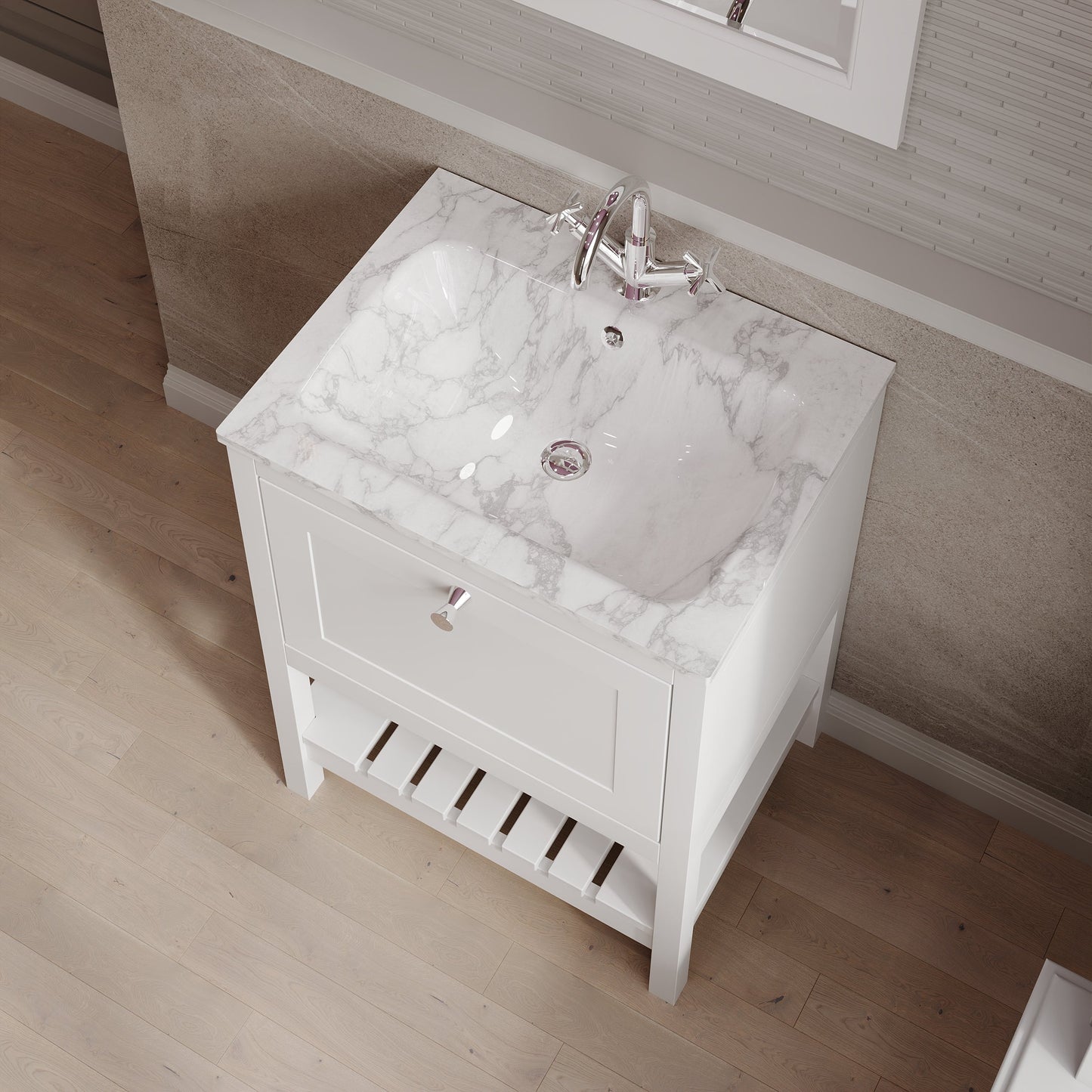 Bexley Floor Standing 1 Drawer Vanity & 1 Tap Hole Stone Basin, 600mm - Pure White