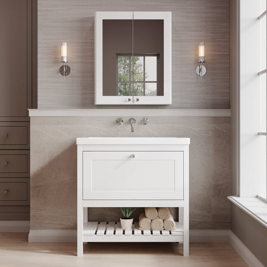 Bexley Floor Standing 1 Drawer Vanity & 0 Tap Hole Contemporary Fireclay Basin, 800mm - Pure White