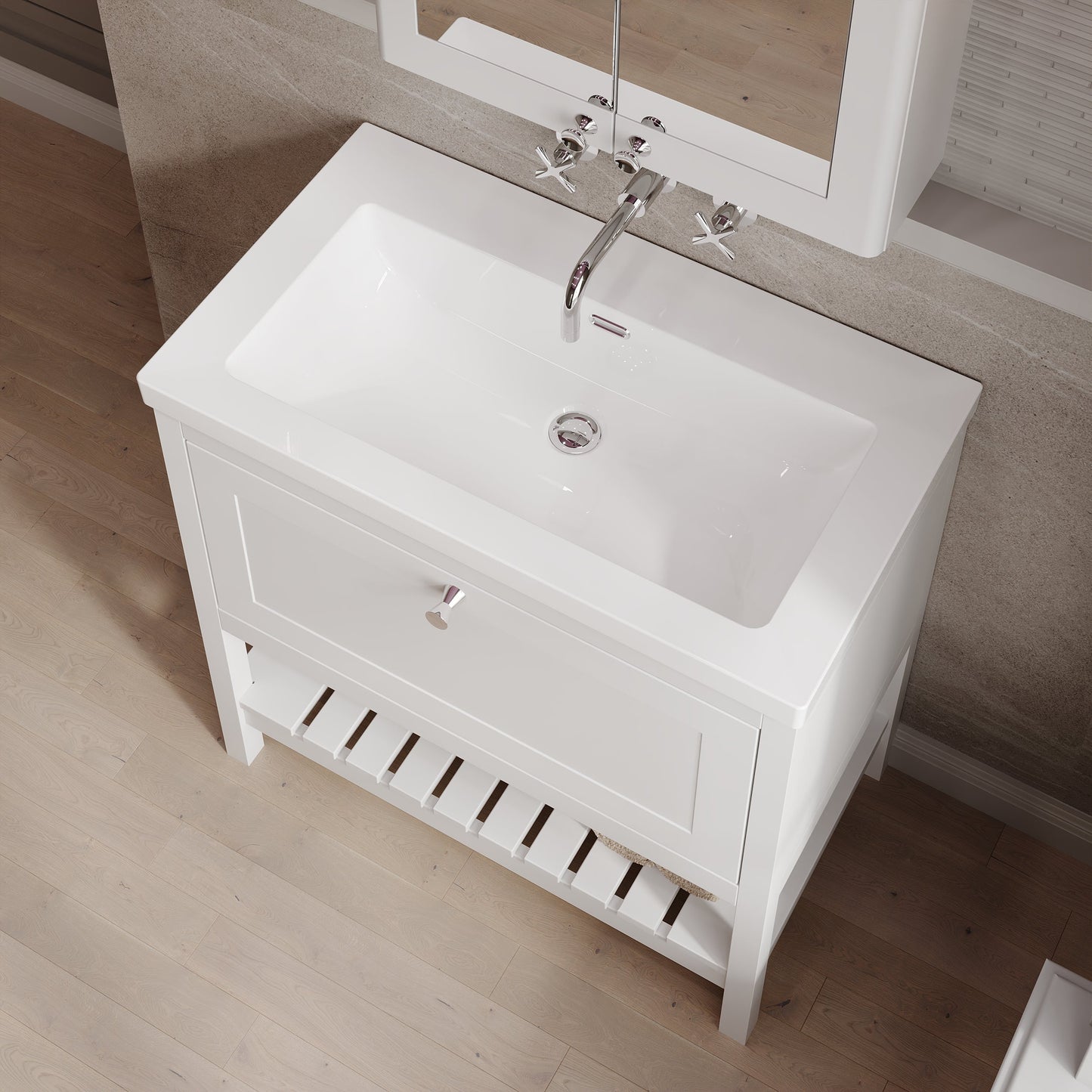 Bexley Floor Standing 1 Drawer Vanity & 0 Tap Hole Contemporary Fireclay Basin, 800mm - Pure White
