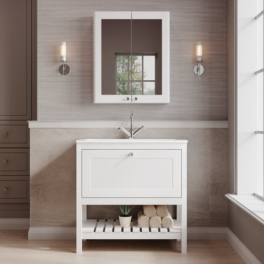 Bexley Floor Standing 1 Drawer Vanity & 1 Tap Hole Stone Basin, 800mm - Pure White