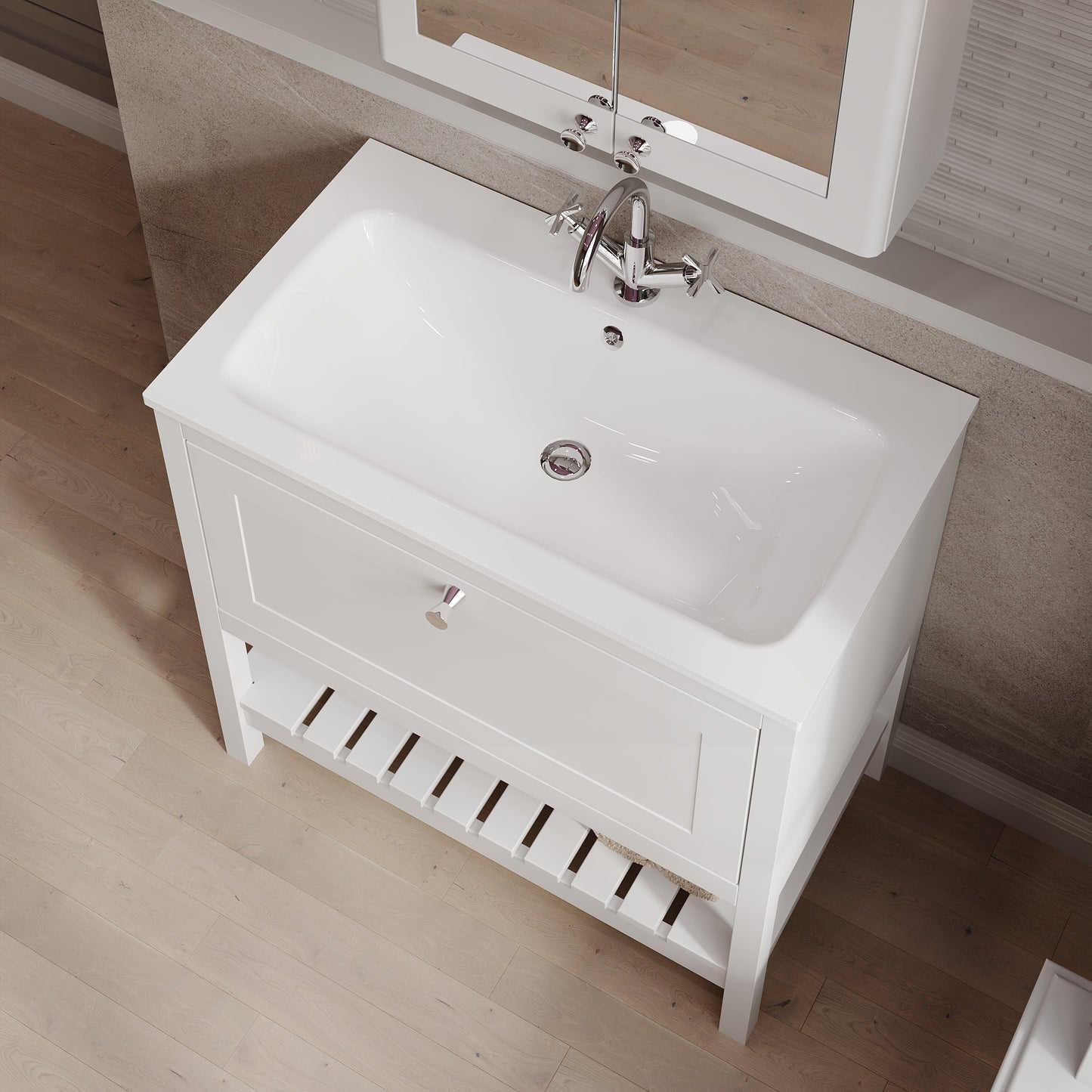 Bexley Floor Standing 1 Drawer Vanity & 1 Tap Hole Stone Basin, 800mm - Pure White