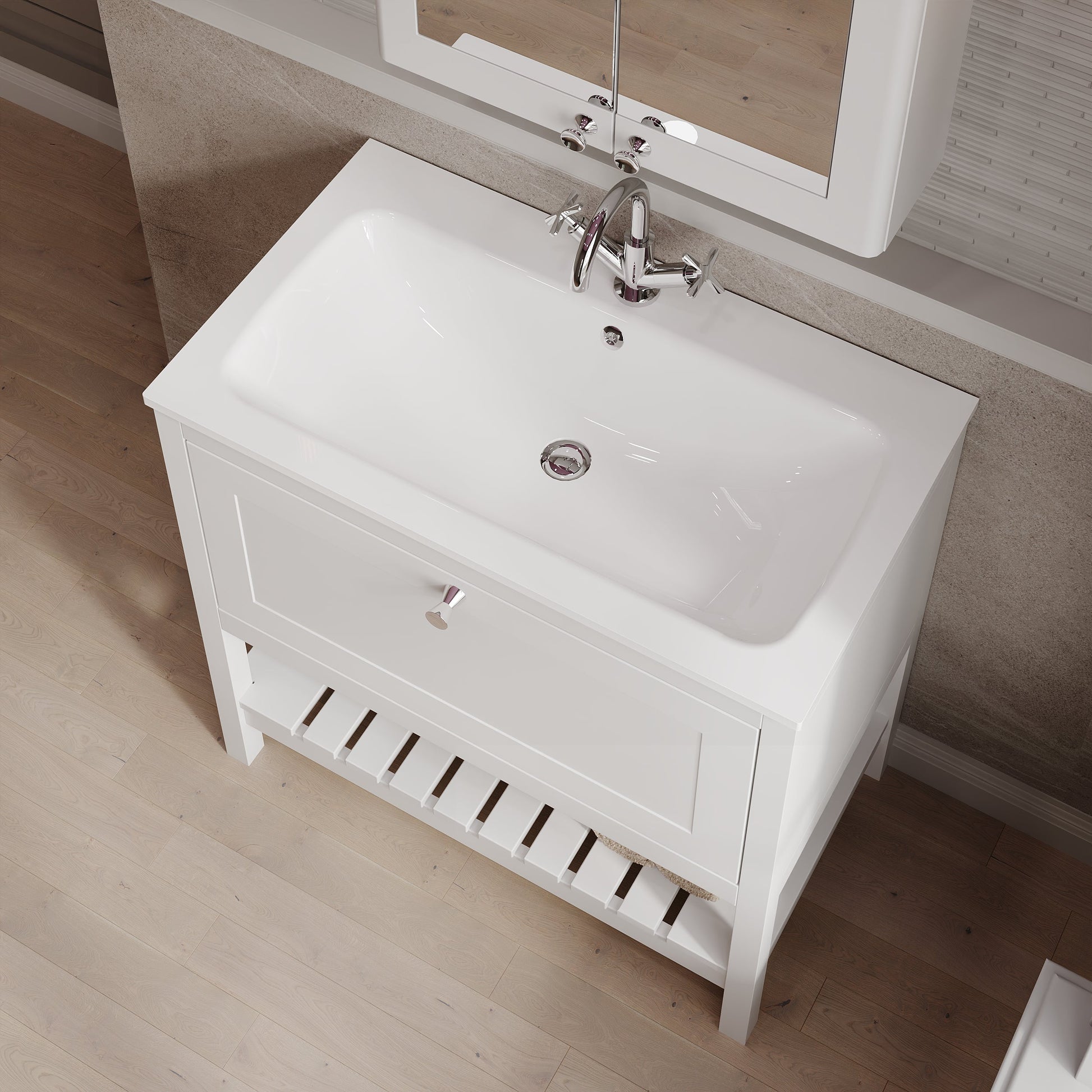 Bexley Floor Standing 1 Drawer Vanity & 1 Tap Hole Stone Basin, 800mm - Pure White