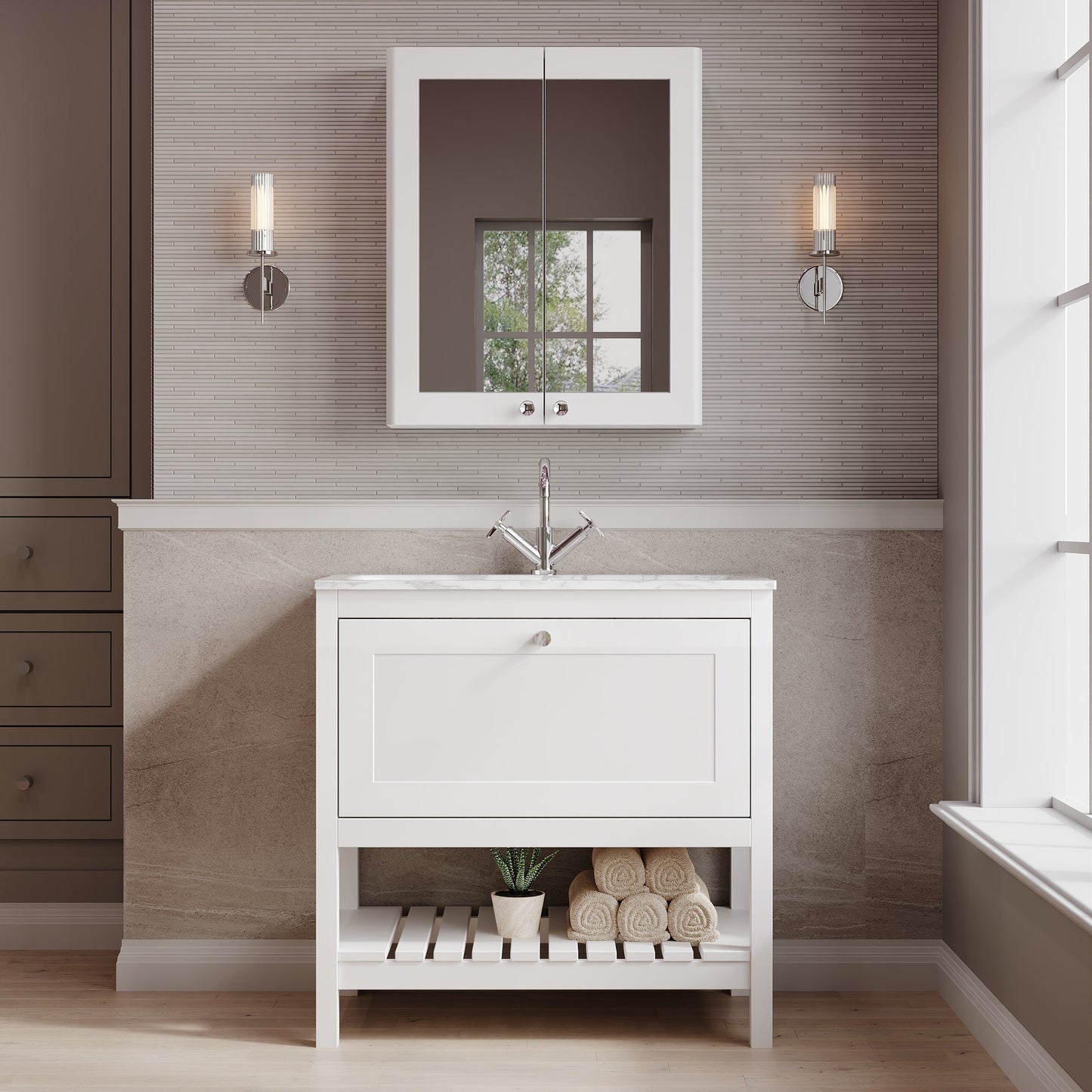 Bexley Floor Standing 1 Drawer Vanity & 1 Tap Hole Stone Basin, 800mm - Pure White