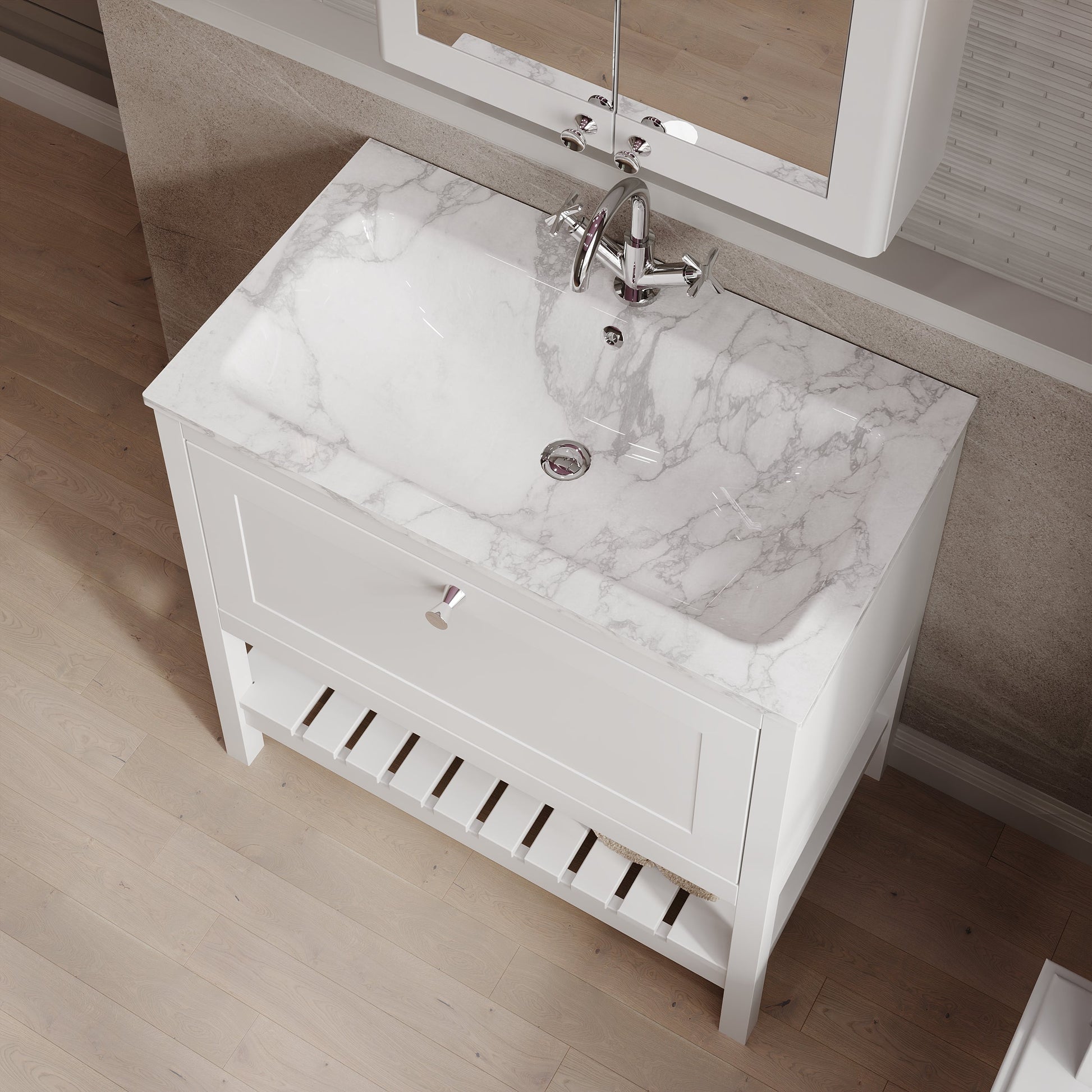 Bexley Floor Standing 1 Drawer Vanity & 1 Tap Hole Stone Basin, 800mm - Pure White