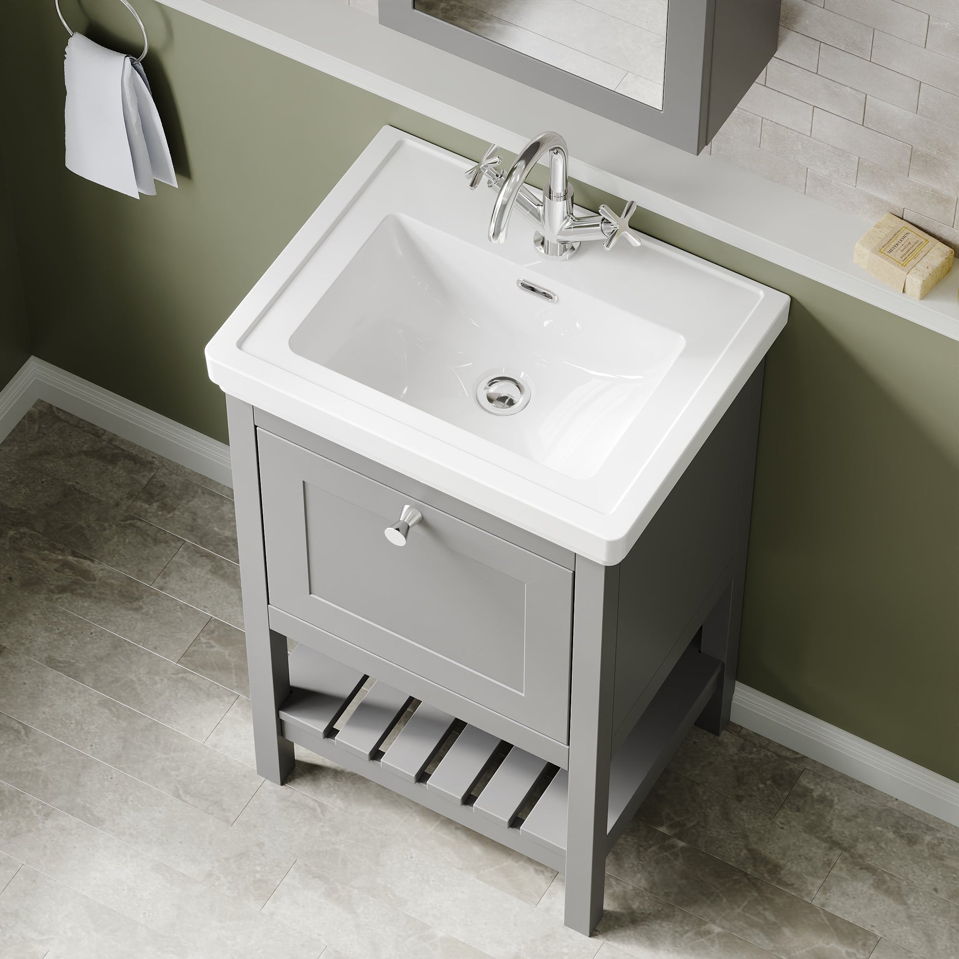 Hudson Reed Bexley 500mm Floor Standing 1 Drawer Vanity Unit with 1 Tap Hole Fireclay Basin
