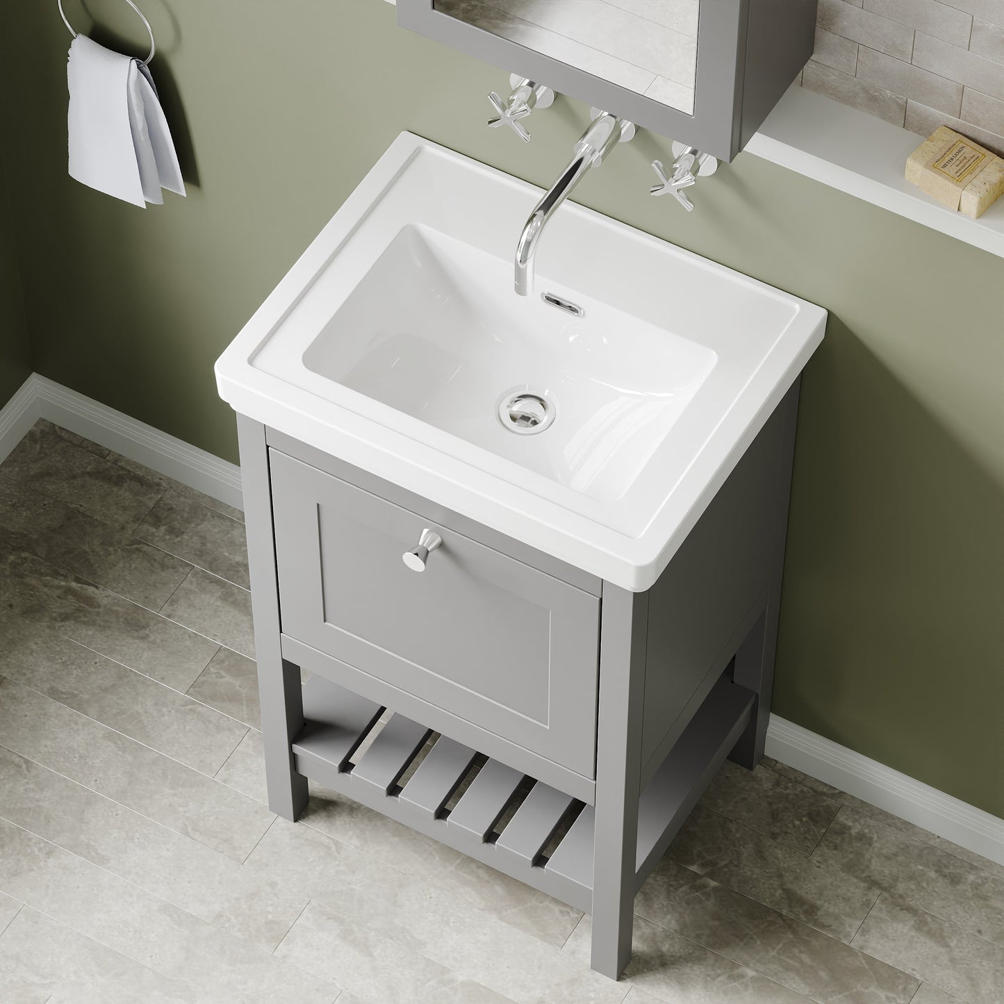 Hudson Reed Bexley 500mm Cool Grey Traditional Floor Standing 1 Drawer Vanity Unit with Fireclay Basin