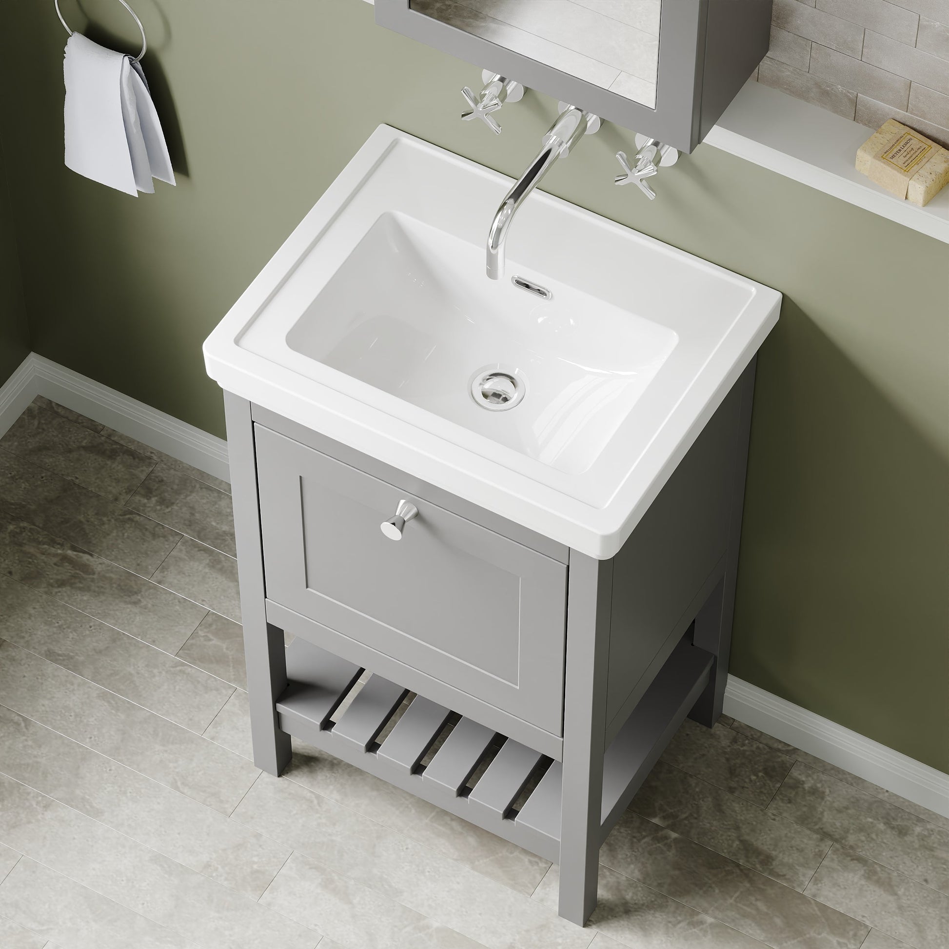 Hudson Reed Bexley 500mm Cool Grey Traditional Floor Standing 1 Drawer Vanity Unit with Fireclay Basin