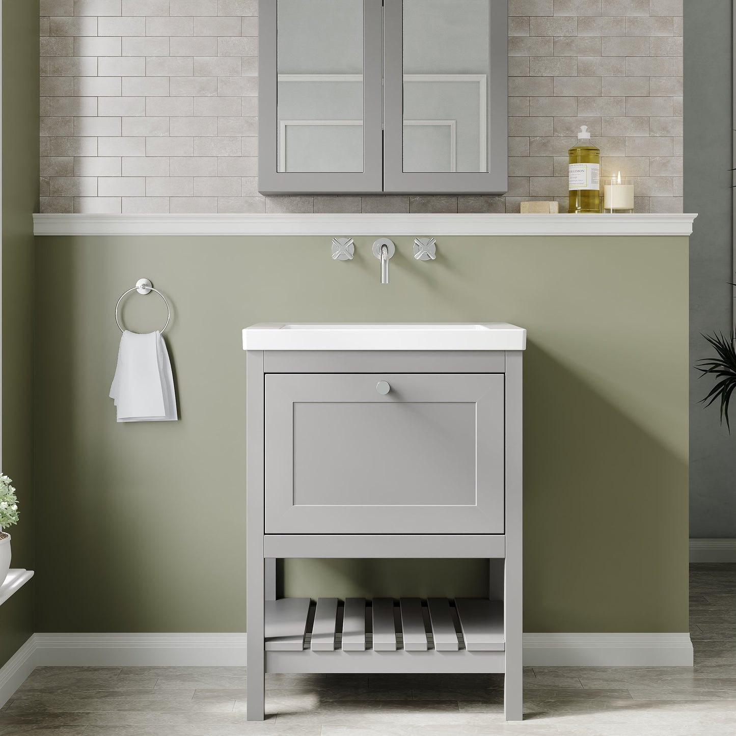 Bexley Floor Standing 1 Drawer Vanity & 0 Tap Hole Contemporary Fireclay Basin, 600mm - Cool Grey