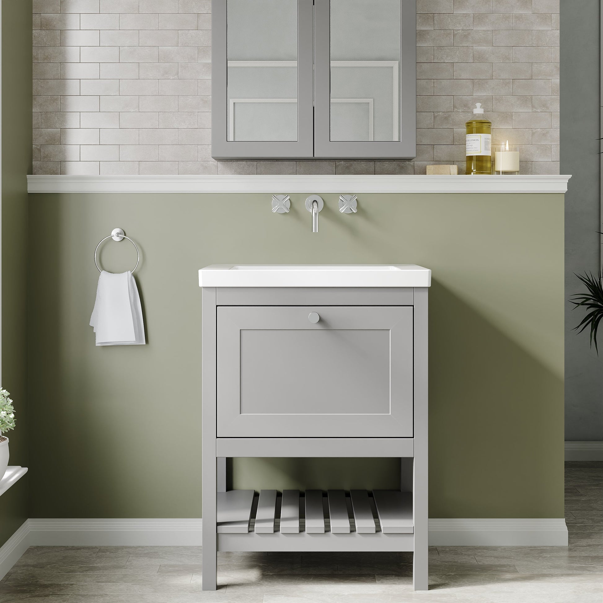Bexley Floor Standing 1 Drawer Vanity & 0 Tap Hole Contemporary Fireclay Basin, 600mm - Cool Grey