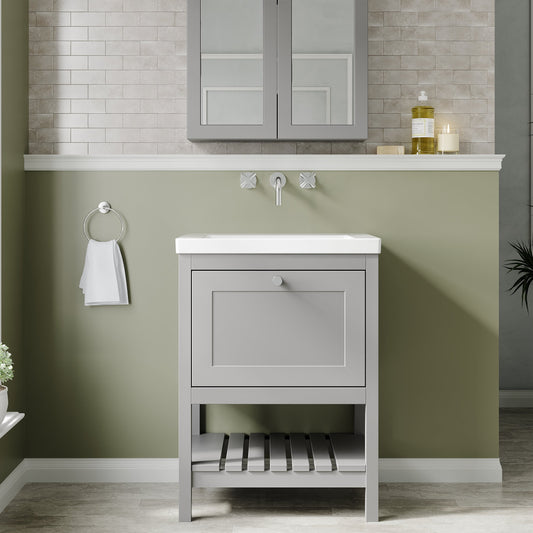 Bexley Floor Standing 1 Drawer Vanity & 0 Tap Hole Contemporary Fireclay Basin, 600mm - Cool Grey