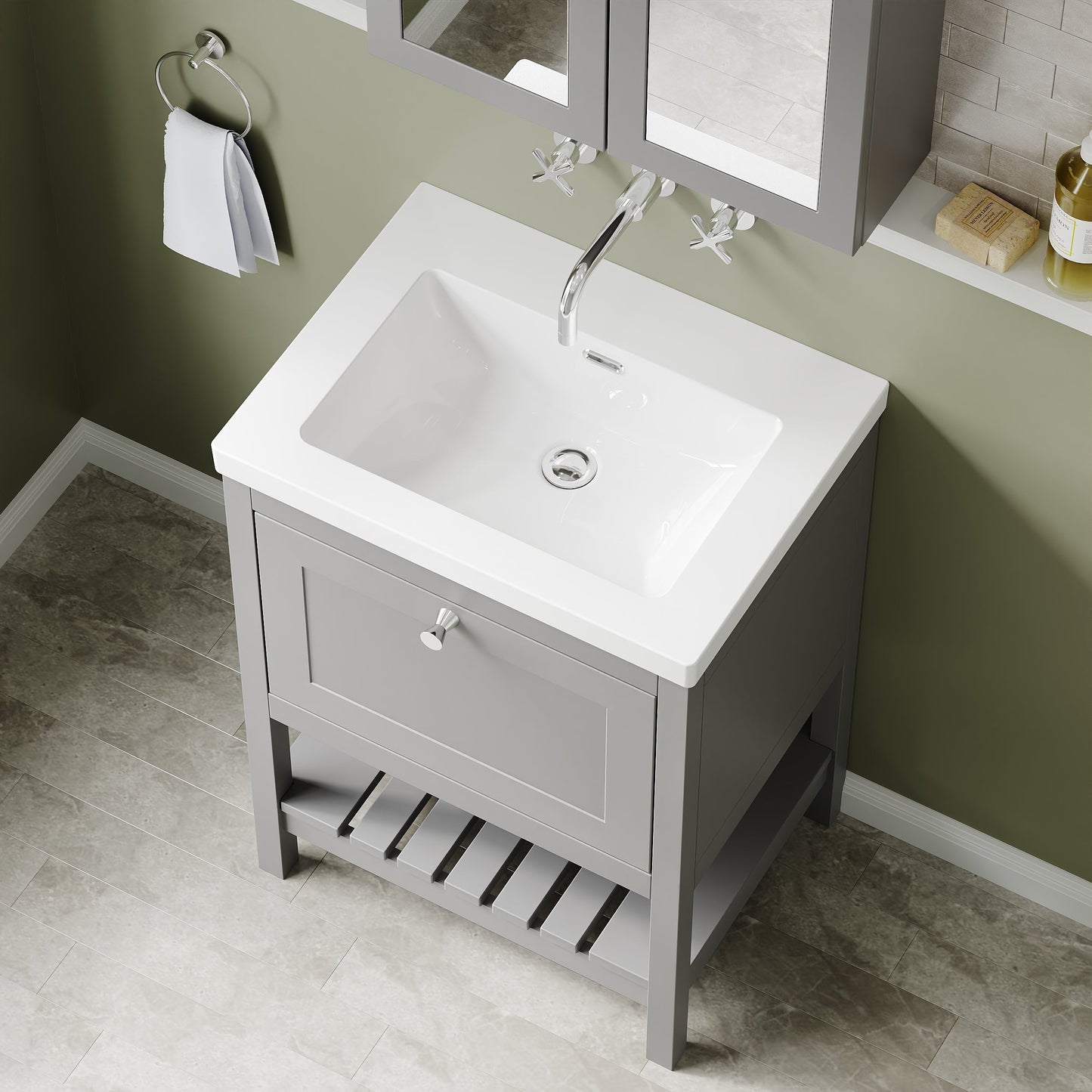 Bexley Floor Standing 1 Drawer Vanity & 0 Tap Hole Contemporary Fireclay Basin, 600mm - Cool Grey