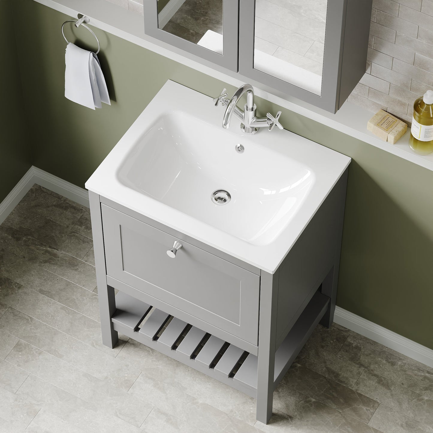 Bexley Floor Standing 1 Drawer Vanity & 1 Tap Hole Stone Basin, 600mm - Cool Grey