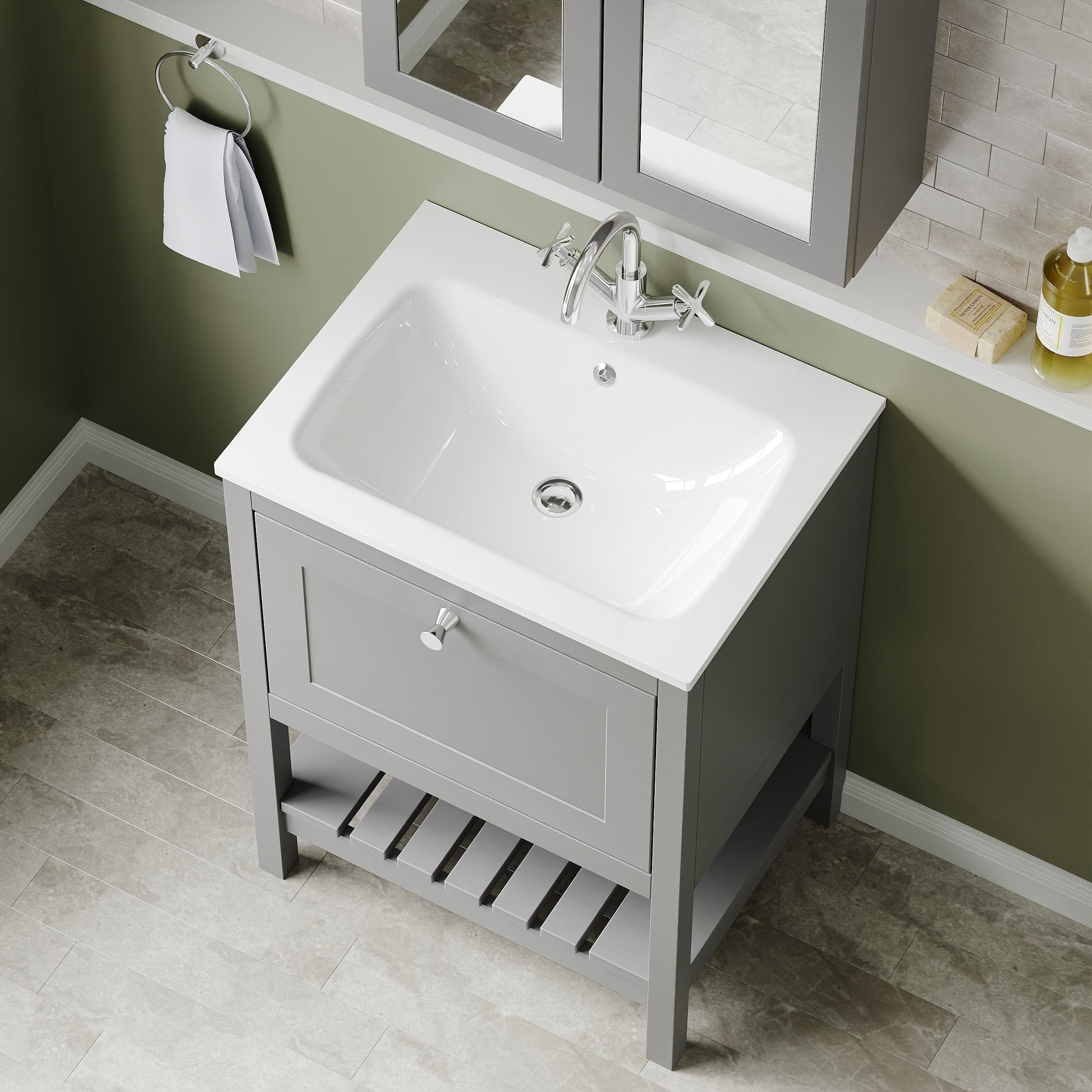 Bexley Floor Standing 1 Drawer Vanity & 1 Tap Hole Stone Basin, 600mm - Cool Grey