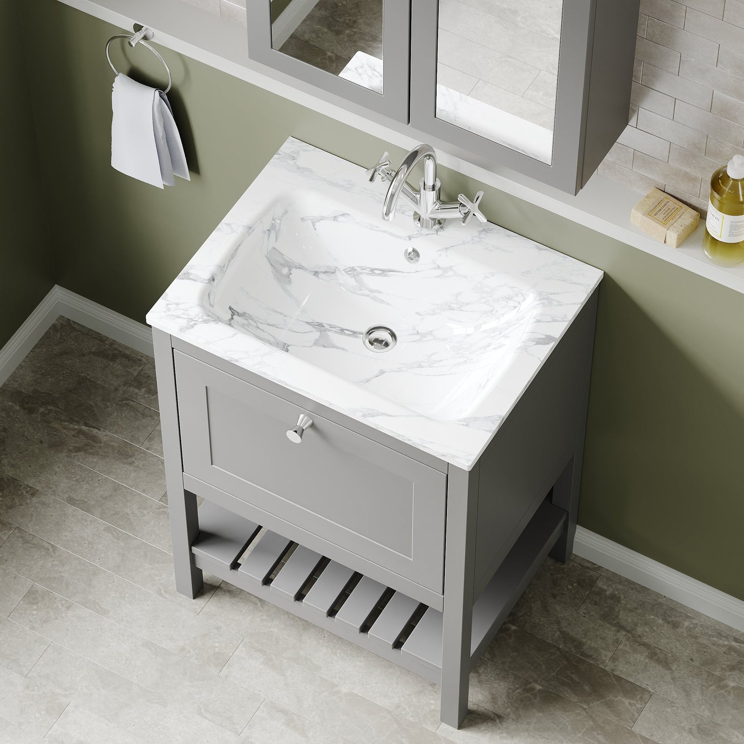 Bexley Floor Standing 1 Drawer Vanity & 1 Tap Hole Stone Basin, 600mm - Cool Grey