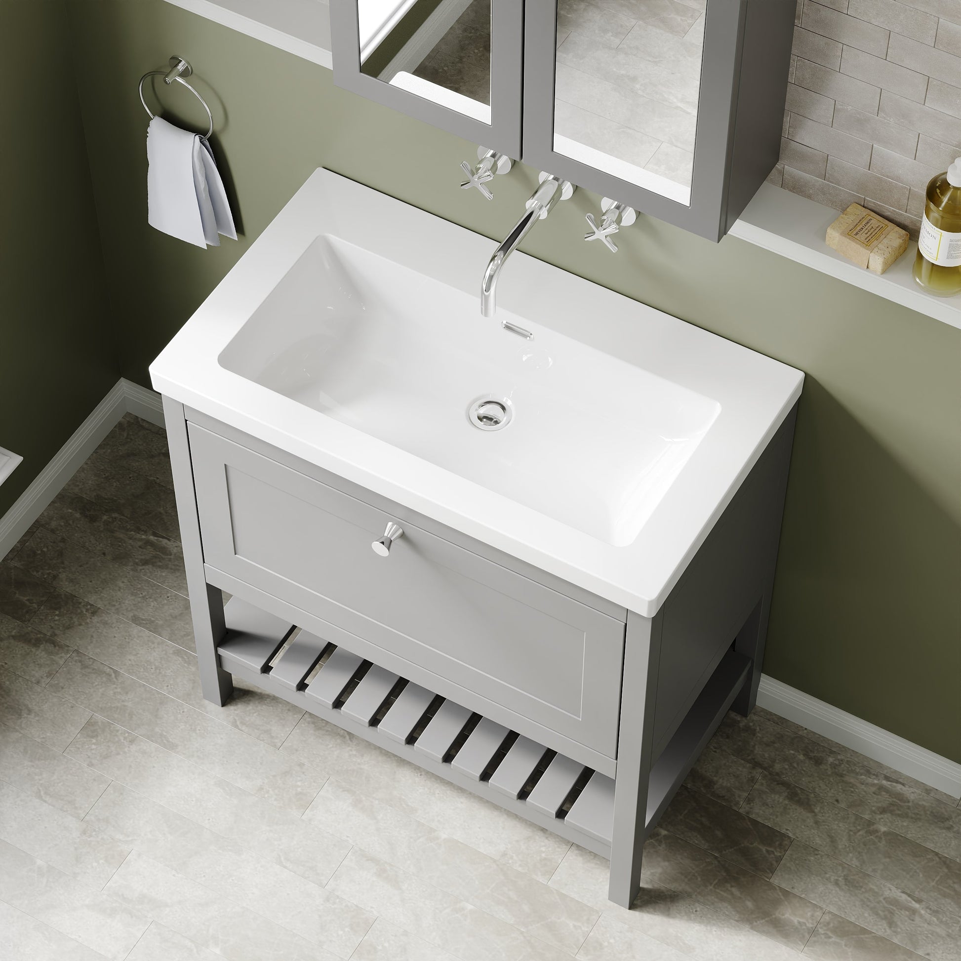 Bexley Floor Standing 1 Drawer Vanity & 0 Tap Hole Contemporary Fireclay Basin, 800mm - Cool Grey