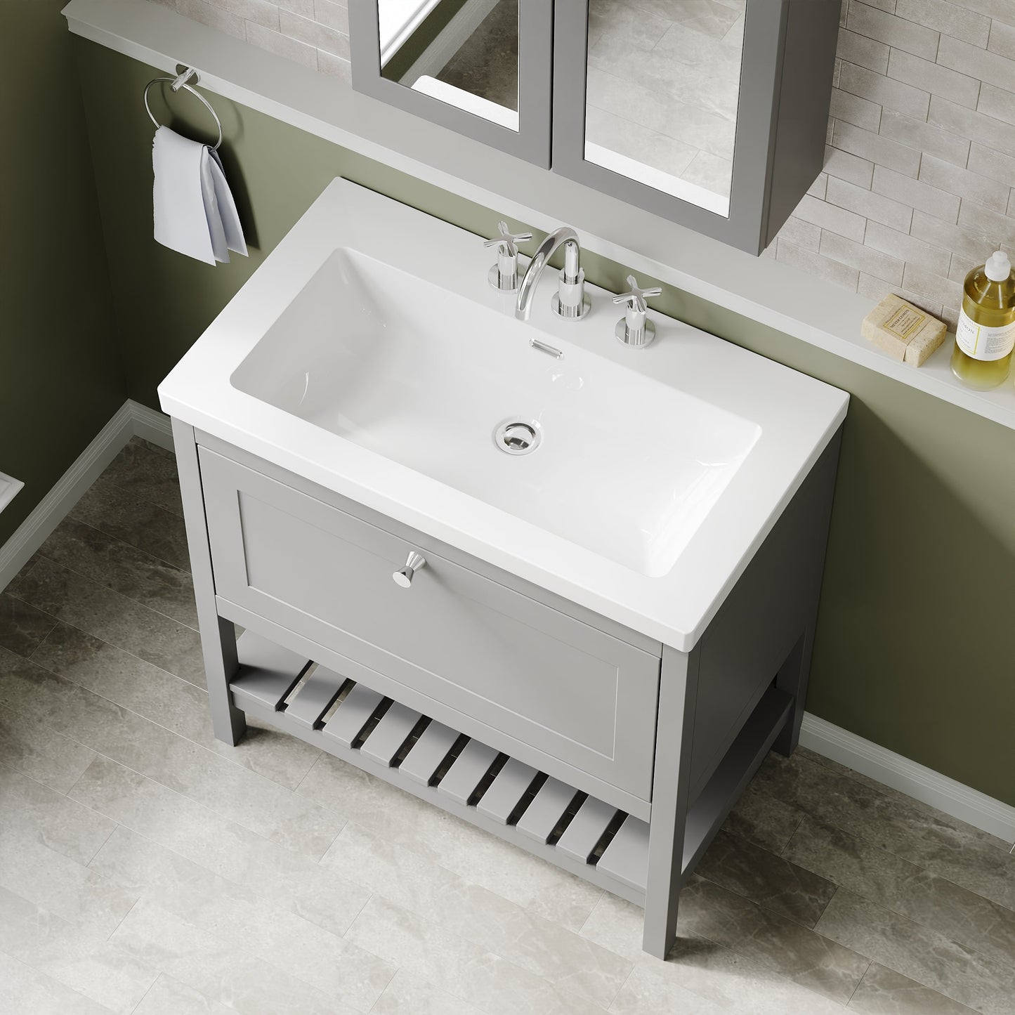 Hudson Reed Bexley 800mm Cool Grey Floor Standing Vanity Unit With 3 Tap Hole Fireclay Basin