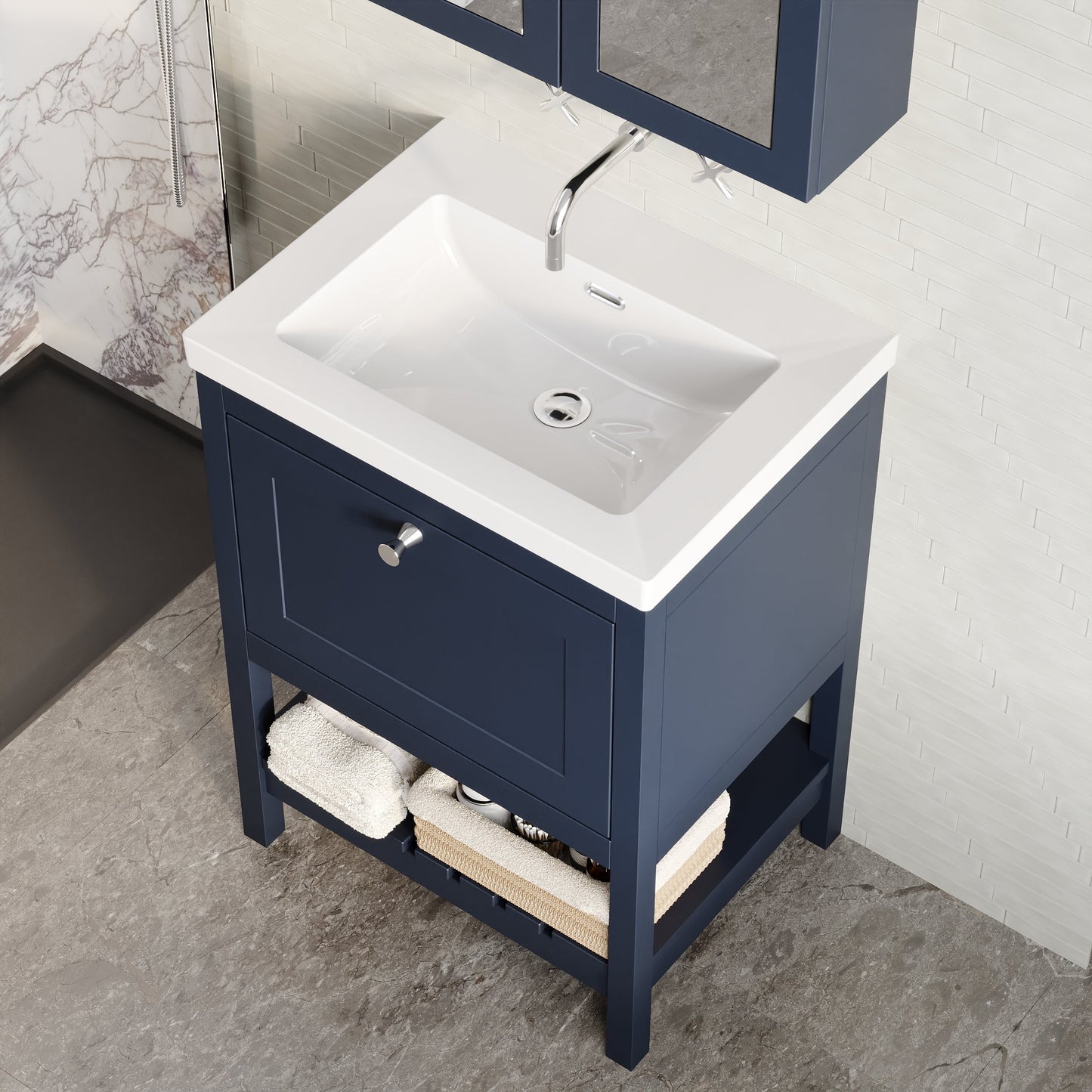 Bexley Floor Standing 1 Drawer Vanity & 0 Tap Hole Contemporary Fireclay Basin, 600mm - Indigo Blue