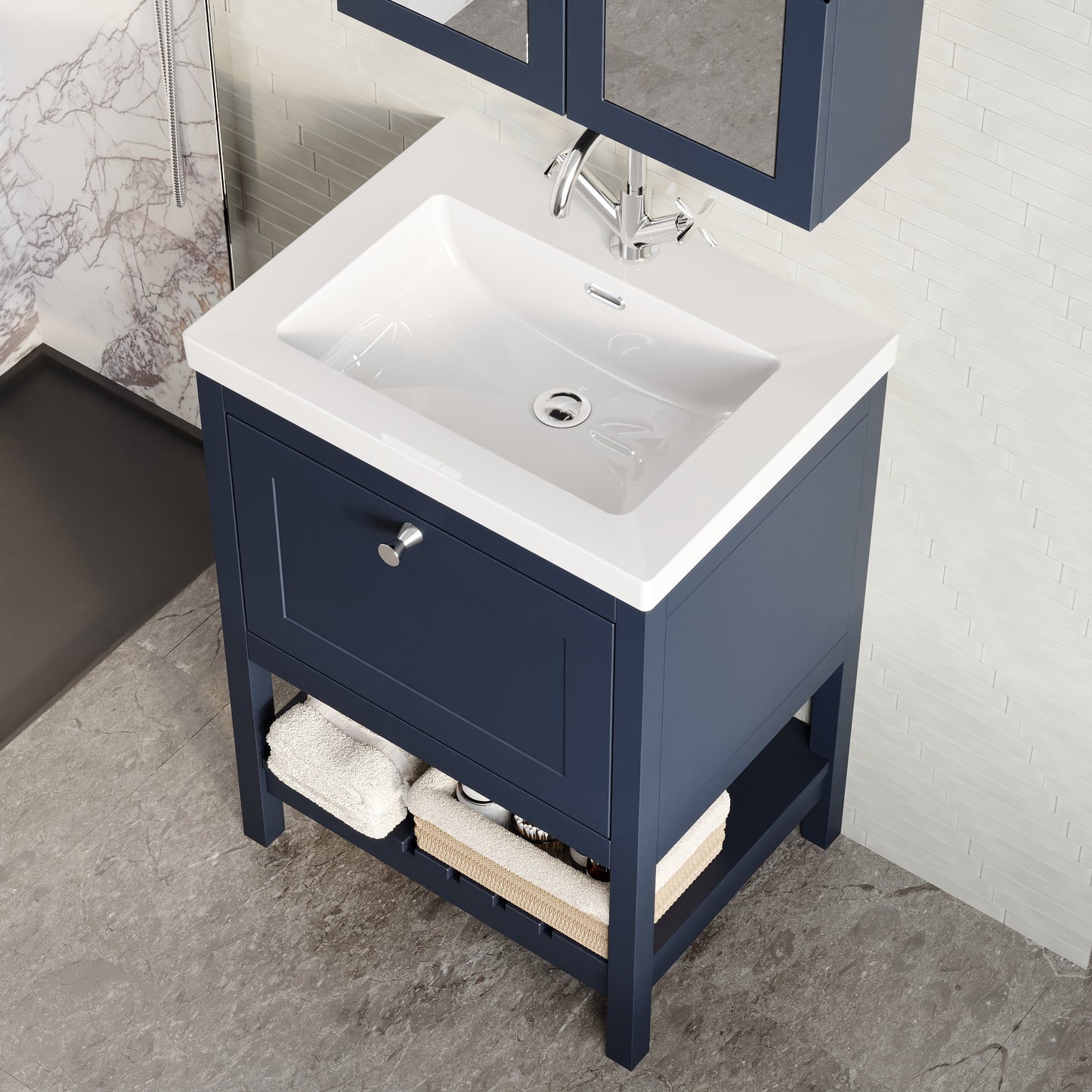 Bexley Floor Standing 1 Drawer Vanity & 1 Tap Hole Contemporary Fireclay Basin, 600mm - Indigo Blue