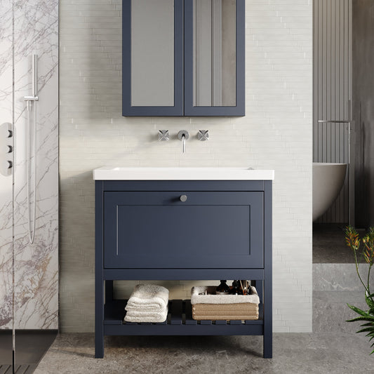 Bexley Floor Standing 1 Drawer Vanity & 0 Tap Hole Contemporary Fireclay Basin, 800mm - Indigo Blue