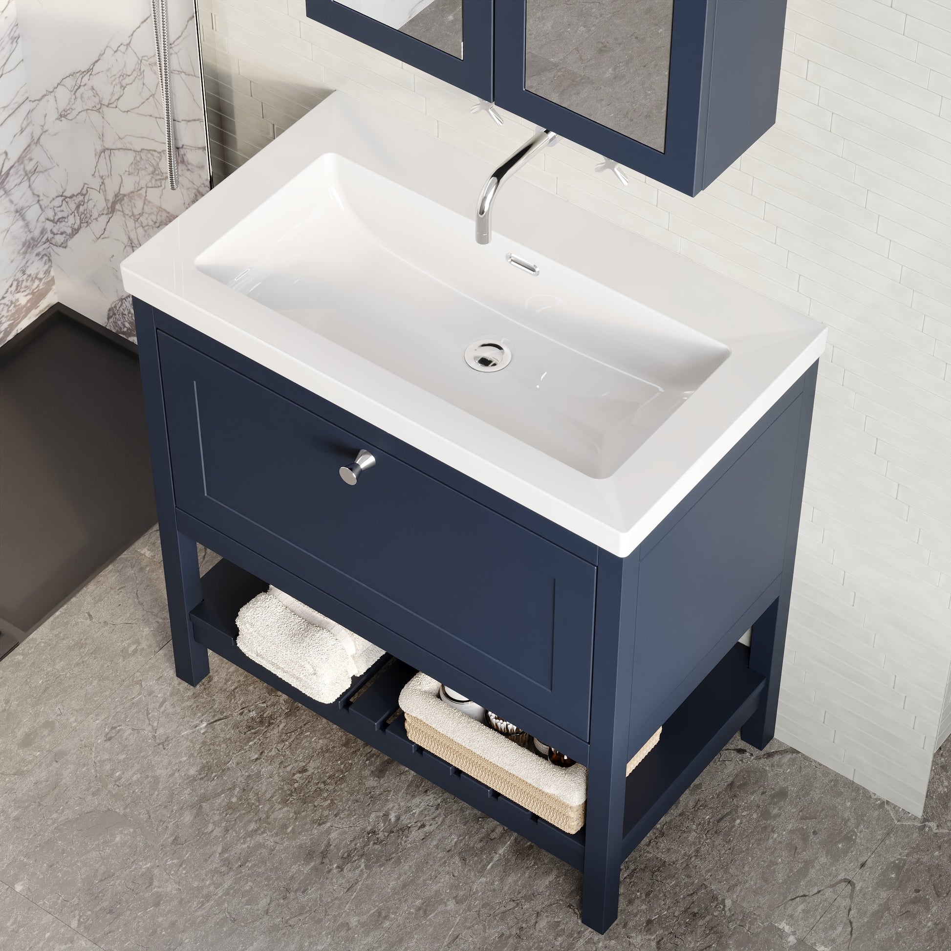 Bexley Floor Standing 1 Drawer Vanity & 0 Tap Hole Contemporary Fireclay Basin, 800mm - Indigo Blue