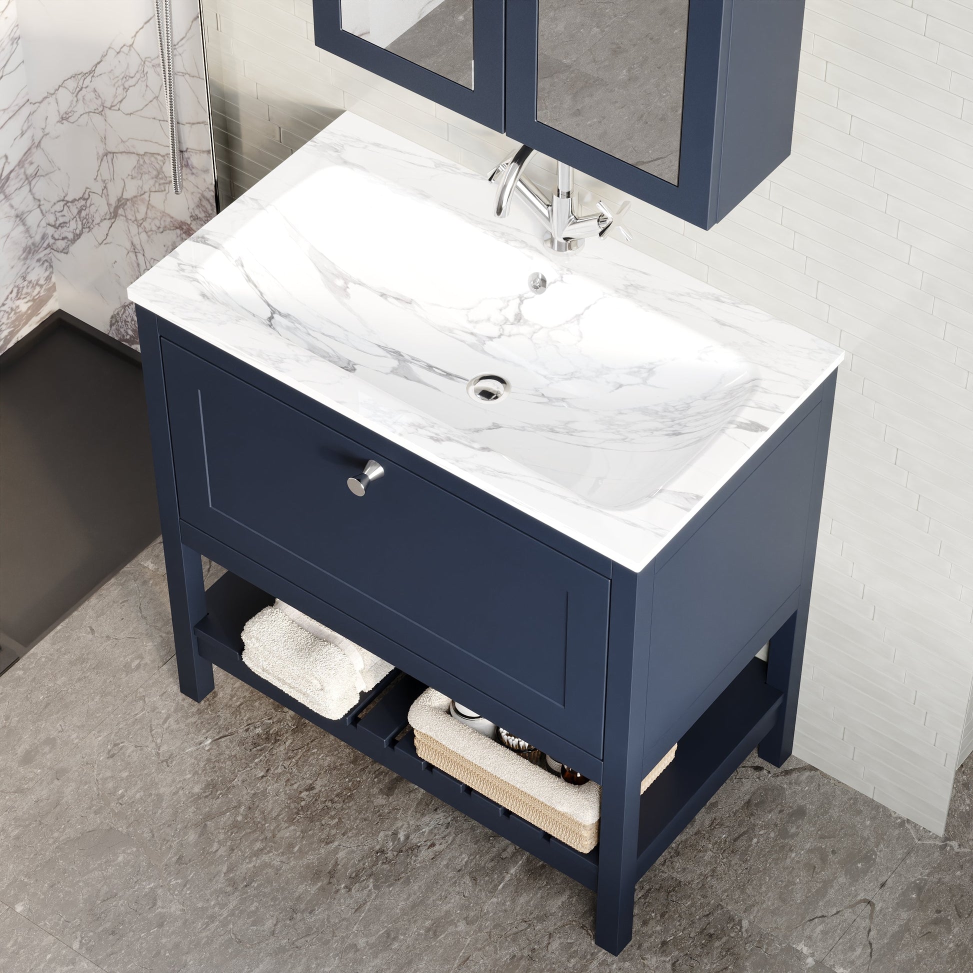 Bexley Floor Standing 1 Drawer Vanity & 1 Tap Hole Stone Basin, 800mm - Indigo Blue